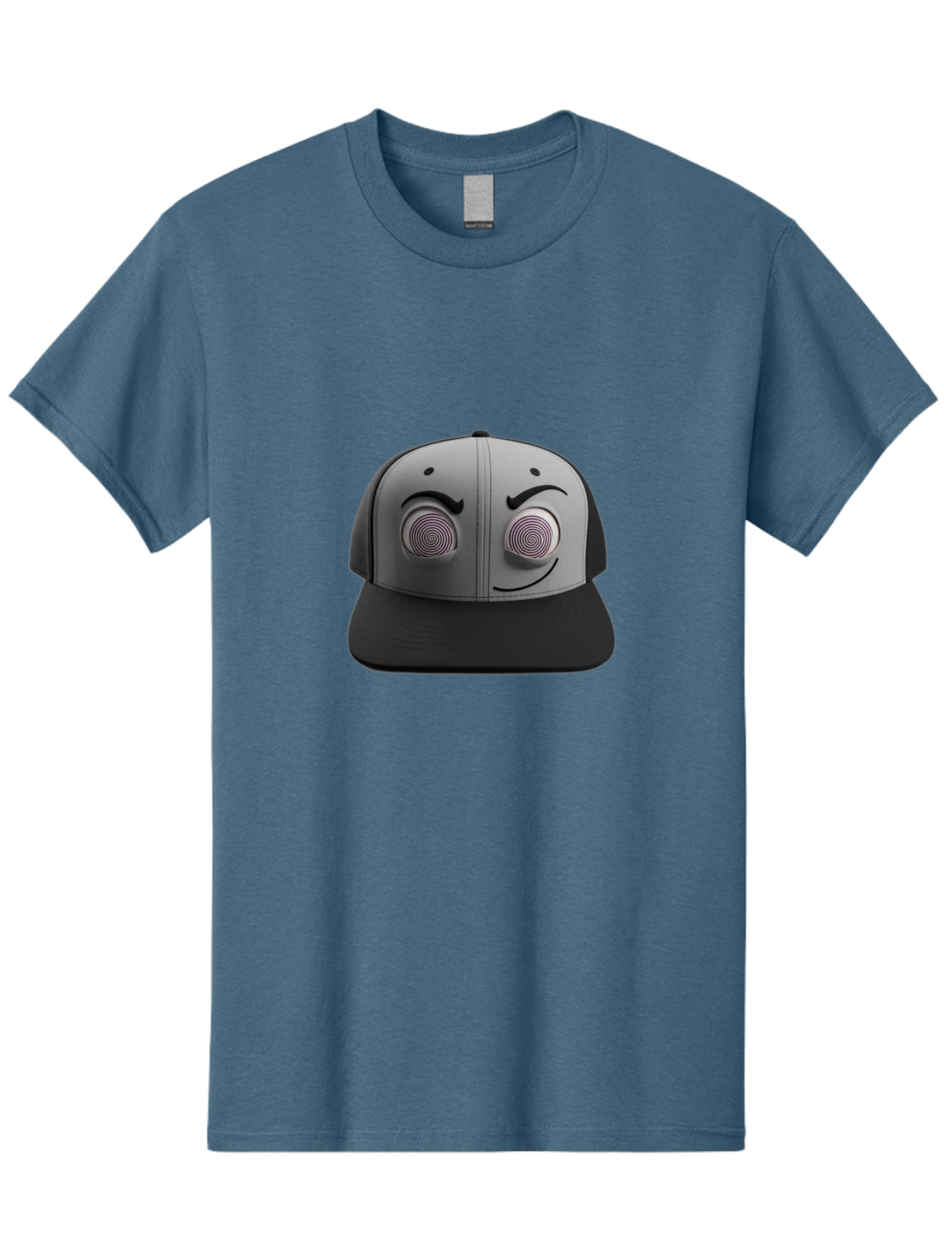 Smile-Baseball-Cap Men'S Graphic Tee, 100% Cotton, Comfortable Casual Summer Wear, Machine Washable, Baseball Cap, Face Design, Spiral Eyes, Smiling Face, Black And Grey, Unique Accessory, Fashion Statement, Streetwear Style Bad631