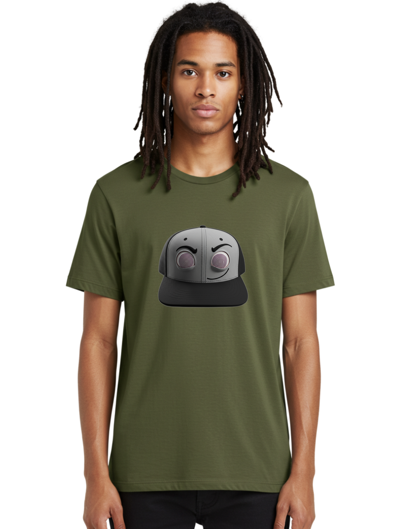 Smile-Baseball-Cap Men'S Graphic Tee, 100% Cotton, Comfortable Casual Summer Wear, Machine Washable, Baseball Cap, Face Design, Spiral Eyes, Smiling Face, Black And Grey, Unique Accessory, Fashion Statement, Streetwear Style Bad631