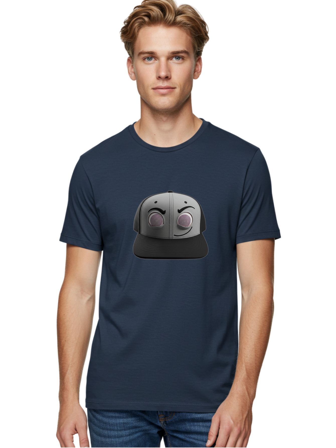 Smile-Baseball-Cap Men'S Graphic Tee, 100% Cotton, Comfortable Casual Summer Wear, Machine Washable, Baseball Cap, Face Design, Spiral Eyes, Smiling Face, Black And Grey, Unique Accessory, Fashion Statement, Streetwear Style Bad631