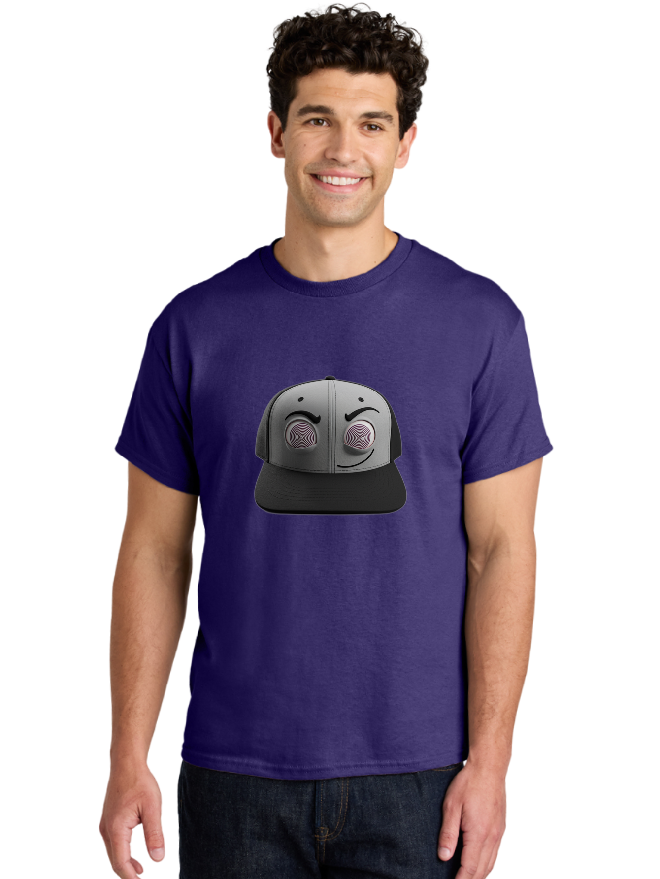Smile-Baseball-Cap Men'S Graphic Tee, 100% Cotton, Comfortable Casual Summer Wear, Machine Washable, Baseball Cap, Face Design, Spiral Eyes, Smiling Face, Black And Grey, Unique Accessory, Fashion Statement, Streetwear Style Bad631