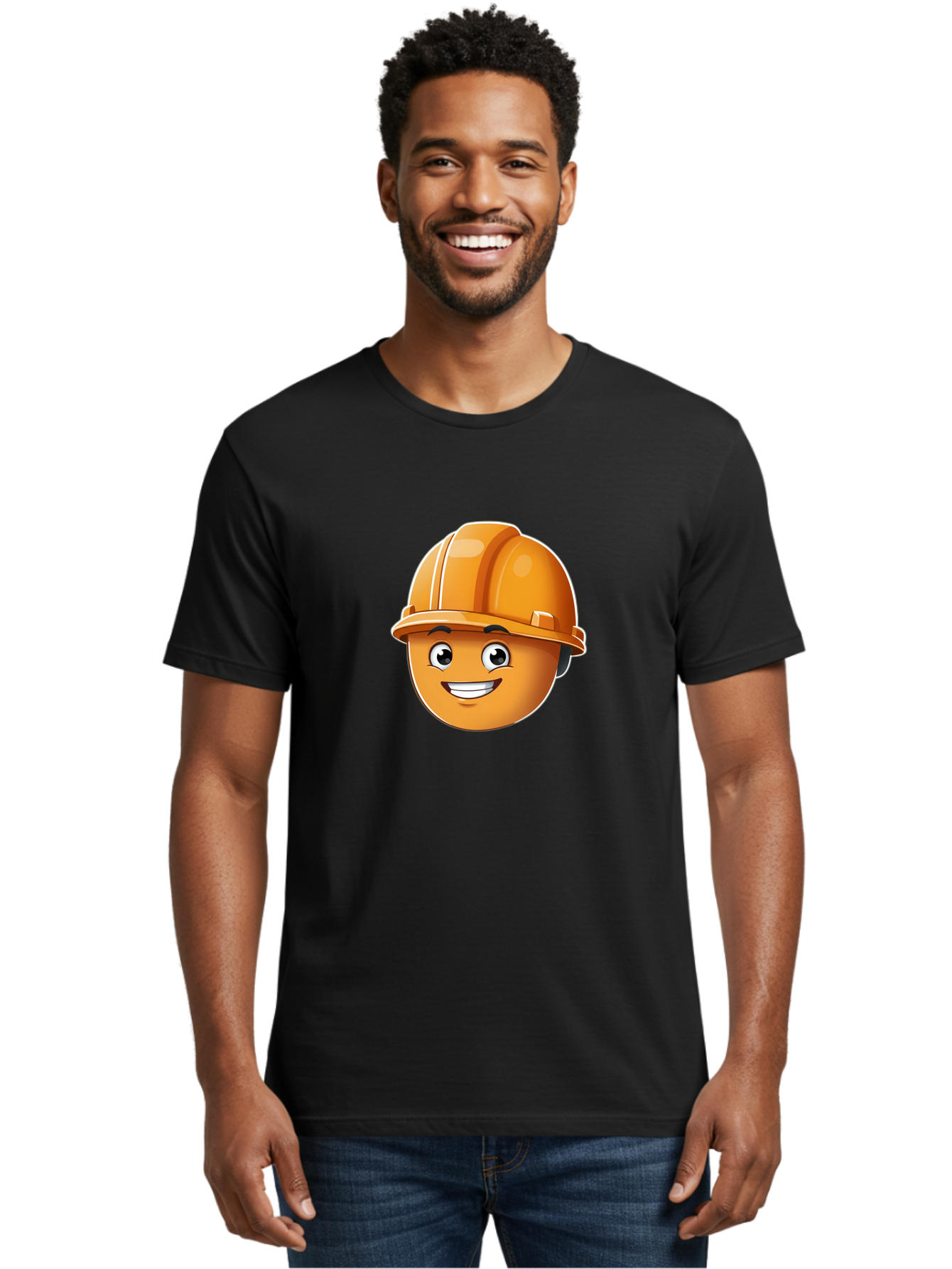 Smiley-Hardhat-Emoji Men'S Graphic Tee, 100% Cotton, Comfortable Casual Summer Wear, Machine Washable, Smiling Face, Hard Hat, Construction Worker, Cartoon Character, Safety Gear, Happy Expression, Orange Hardhat, 3D Illustration, Bad632