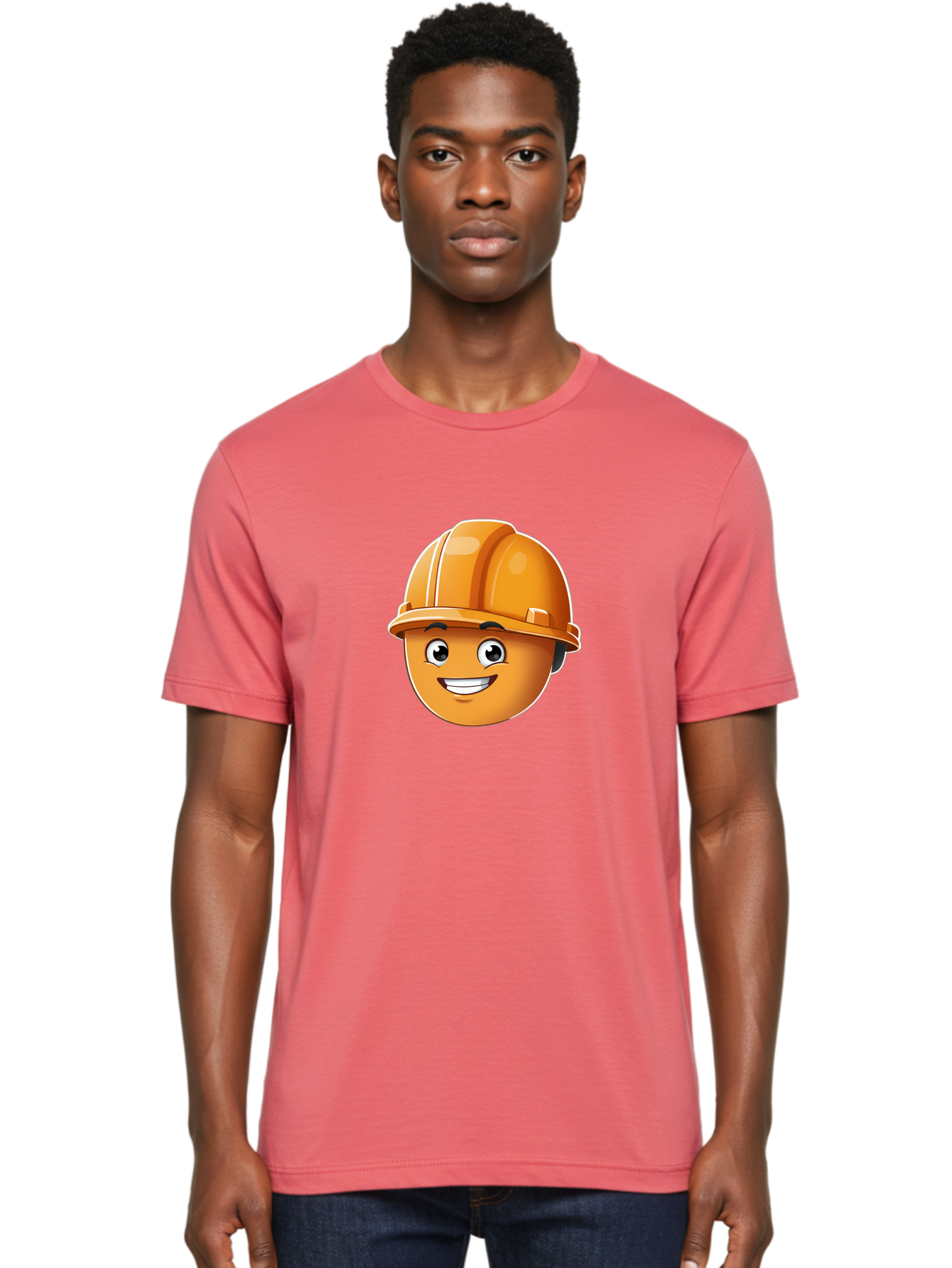 Smiley-Hardhat-Emoji Men'S Graphic Tee, 100% Cotton, Comfortable Casual Summer Wear, Machine Washable, Smiling Face, Hard Hat, Construction Worker, Cartoon Character, Safety Gear, Happy Expression, Orange Hardhat, 3D Illustration, Bad632