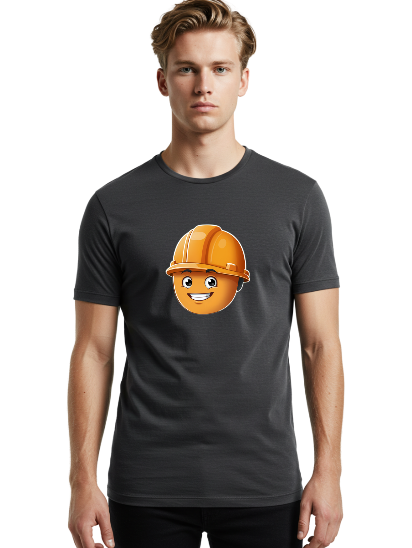 Smiley-Hardhat-Emoji Men'S Graphic Tee, 100% Cotton, Comfortable Casual Summer Wear, Machine Washable, Smiling Face, Hard Hat, Construction Worker, Cartoon Character, Safety Gear, Happy Expression, Orange Hardhat, 3D Illustration, Bad632