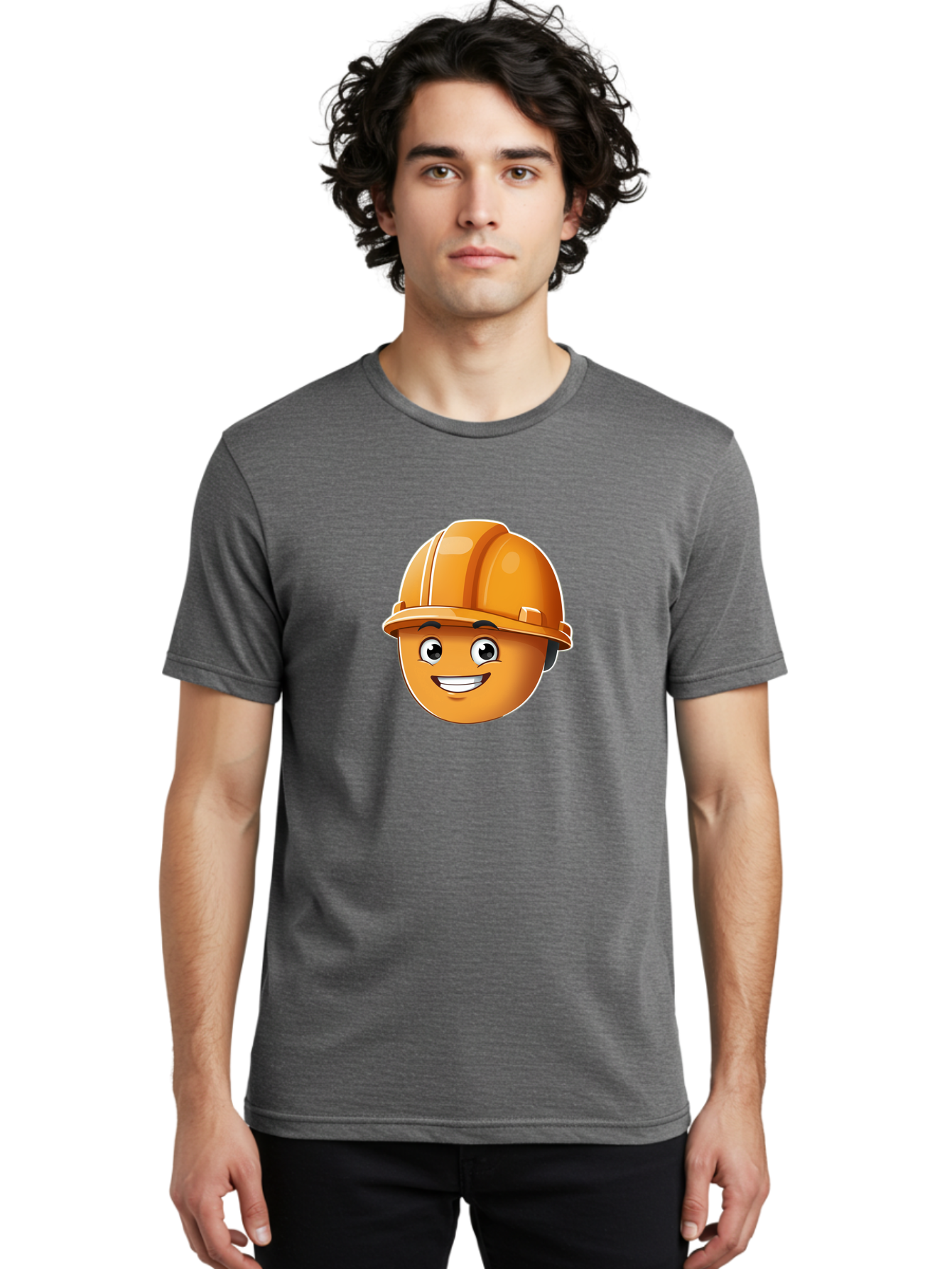 Smiley-Hardhat-Emoji Men'S Graphic Tee, 100% Cotton, Comfortable Casual Summer Wear, Machine Washable, Smiling Face, Hard Hat, Construction Worker, Cartoon Character, Safety Gear, Happy Expression, Orange Hardhat, 3D Illustration, Bad632