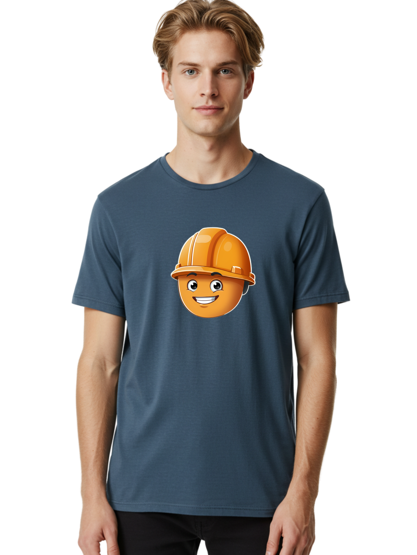 Smiley-Hardhat-Emoji Men'S Graphic Tee, 100% Cotton, Comfortable Casual Summer Wear, Machine Washable, Smiling Face, Hard Hat, Construction Worker, Cartoon Character, Safety Gear, Happy Expression, Orange Hardhat, 3D Illustration, Bad632