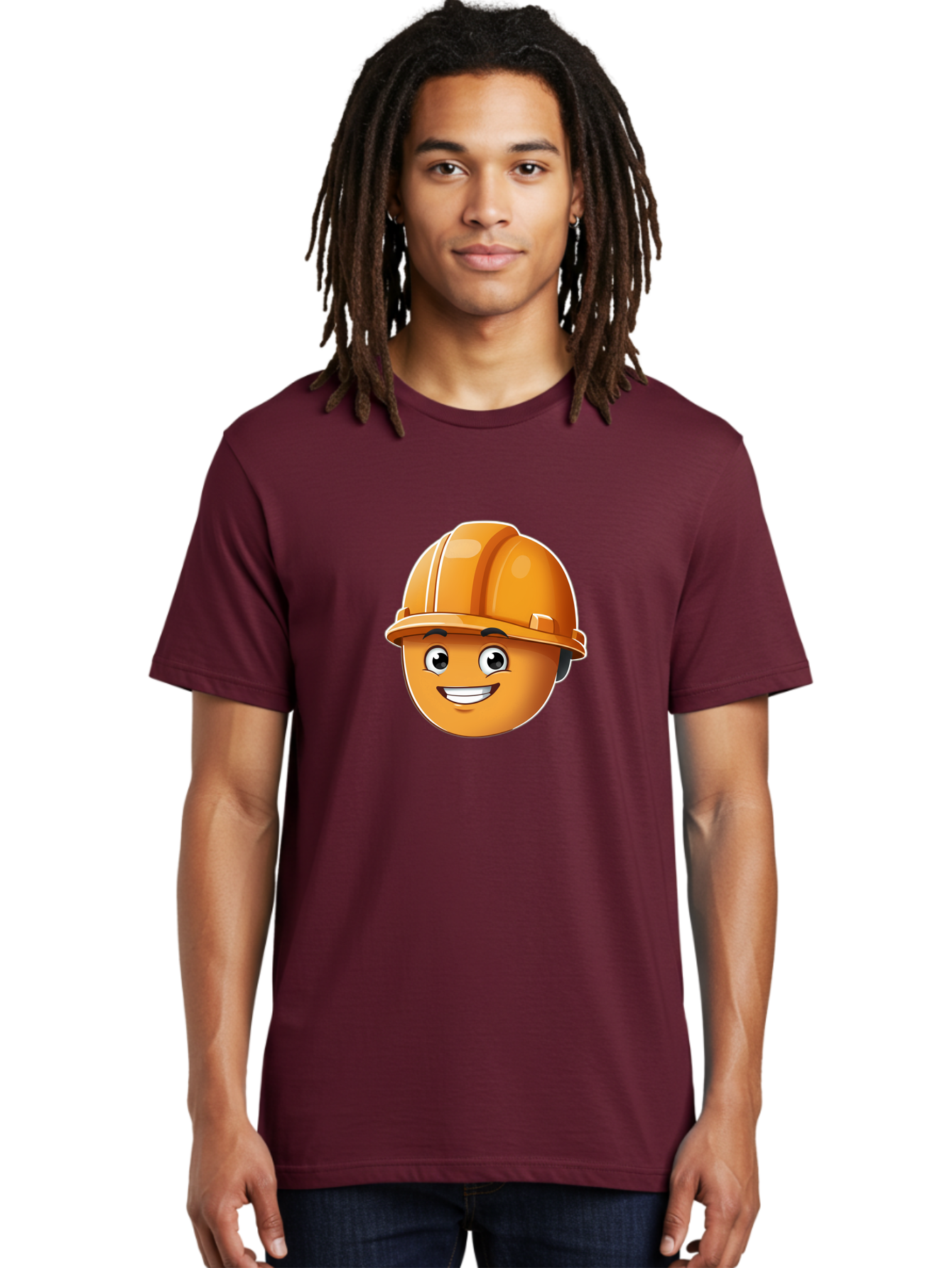 Smiley-Hardhat-Emoji Men'S Graphic Tee, 100% Cotton, Comfortable Casual Summer Wear, Machine Washable, Smiling Face, Hard Hat, Construction Worker, Cartoon Character, Safety Gear, Happy Expression, Orange Hardhat, 3D Illustration, Bad632