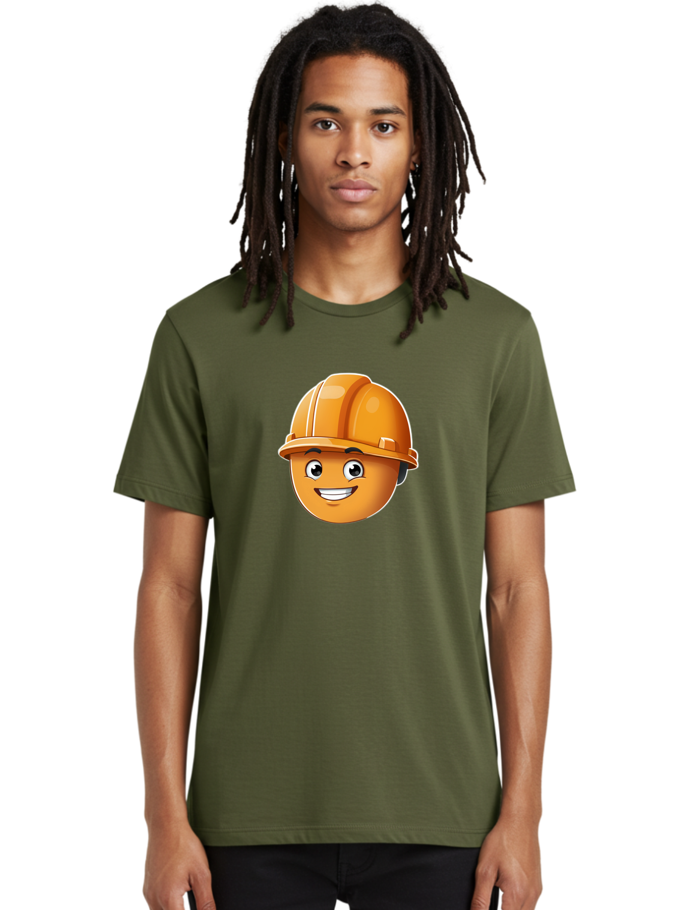Smiley-Hardhat-Emoji Men'S Graphic Tee, 100% Cotton, Comfortable Casual Summer Wear, Machine Washable, Smiling Face, Hard Hat, Construction Worker, Cartoon Character, Safety Gear, Happy Expression, Orange Hardhat, 3D Illustration, Bad632