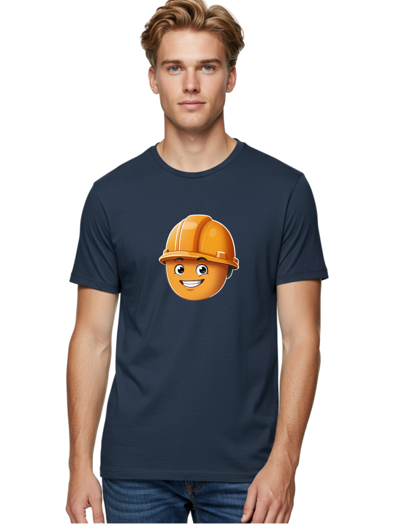 Smiley-Hardhat-Emoji Men'S Graphic Tee, 100% Cotton, Comfortable Casual Summer Wear, Machine Washable, Smiling Face, Hard Hat, Construction Worker, Cartoon Character, Safety Gear, Happy Expression, Orange Hardhat, 3D Illustration, Bad632