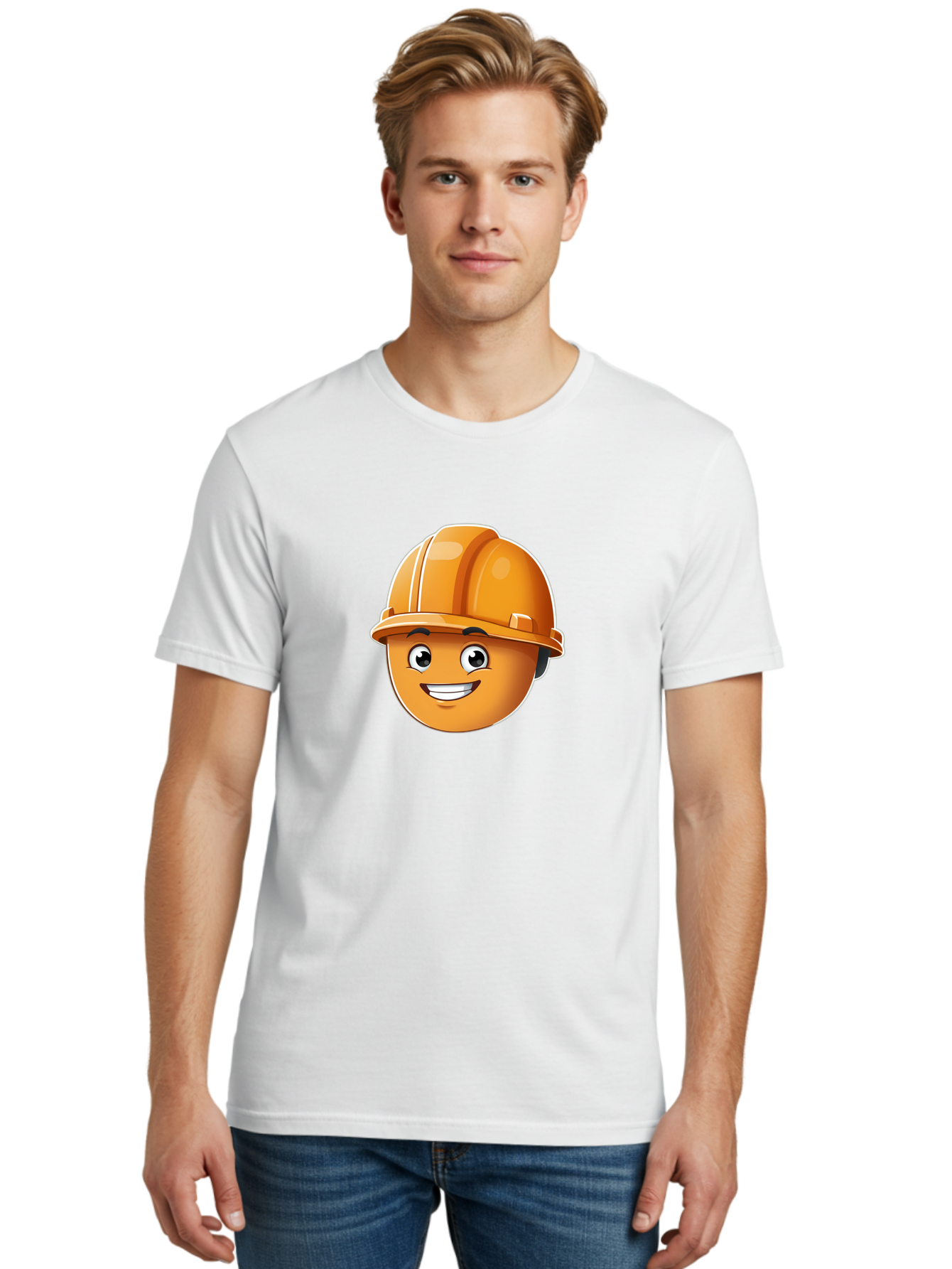 Smiley-Hardhat-Emoji Men'S Graphic Tee, 100% Cotton, Comfortable Casual Summer Wear, Machine Washable, Smiling Face, Hard Hat, Construction Worker, Cartoon Character, Safety Gear, Happy Expression, Orange Hardhat, 3D Illustration, Bad632