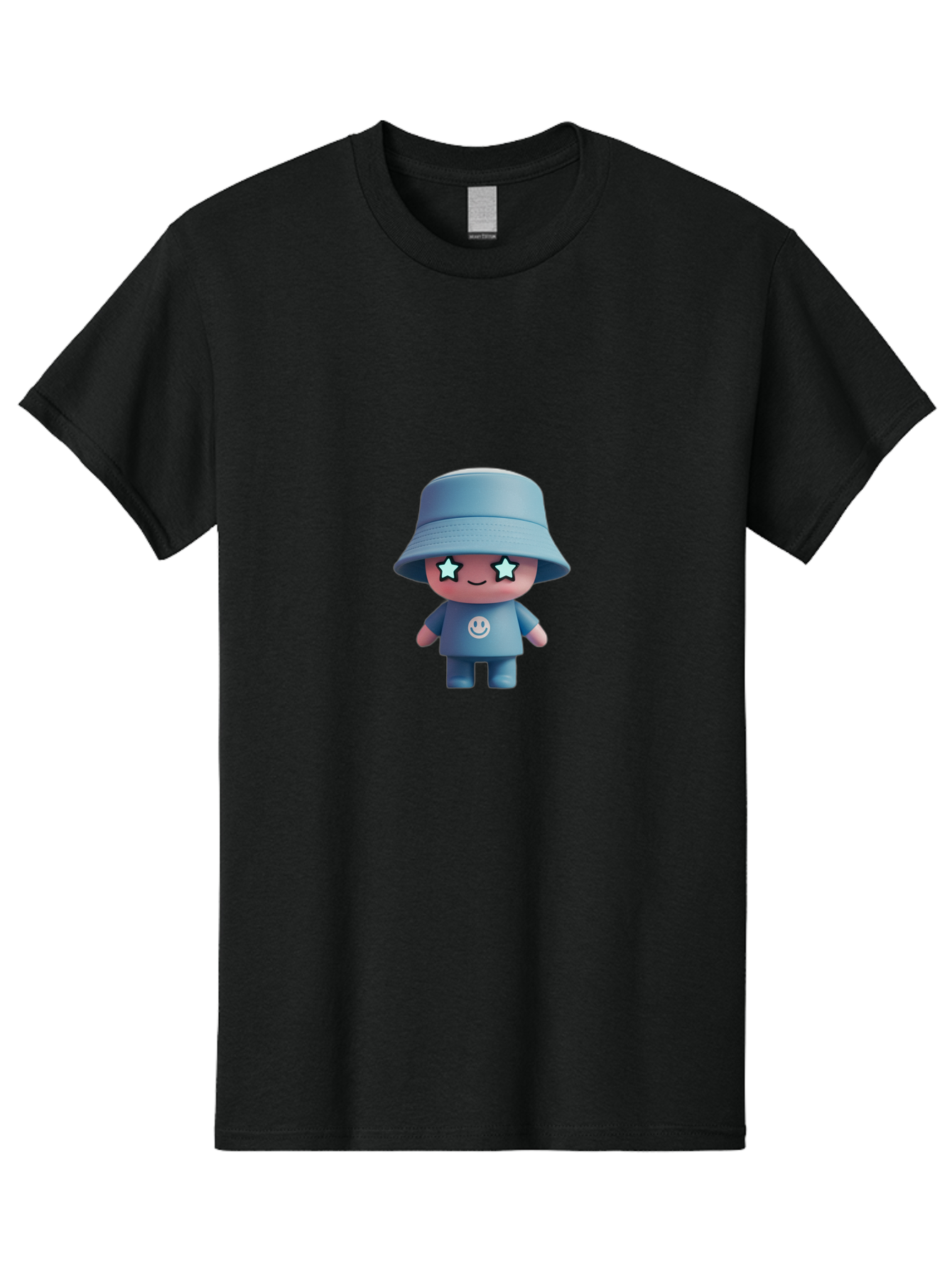 Smiley-Star-Eyes-Doll Men'S Graphic Tee, 100% Cotton, Comfortable Casual Summer Wear, Machine Washable, Kawaii Toy, Cartoon Character, Smiley Face, Bucket Hat, Blue Outfit, Star Eyes, Cute Doll, Figurine, Playful Design, Fun Toy, Smiling Face Bad633