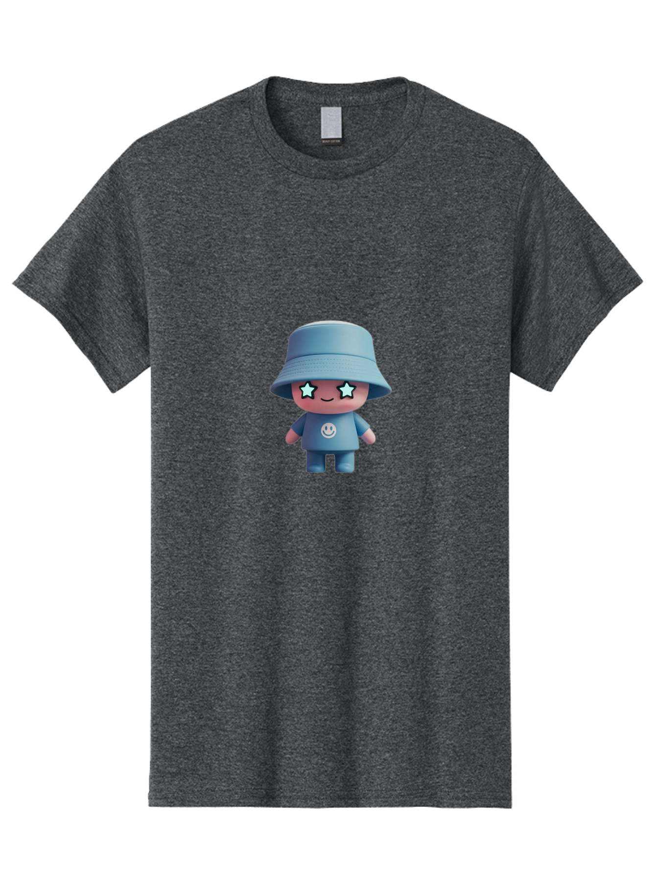 Smiley-Star-Eyes-Doll Men'S Graphic Tee, 100% Cotton, Comfortable Casual Summer Wear, Machine Washable, Kawaii Toy, Cartoon Character, Smiley Face, Bucket Hat, Blue Outfit, Star Eyes, Cute Doll, Figurine, Playful Design, Fun Toy, Smiling Face Bad633