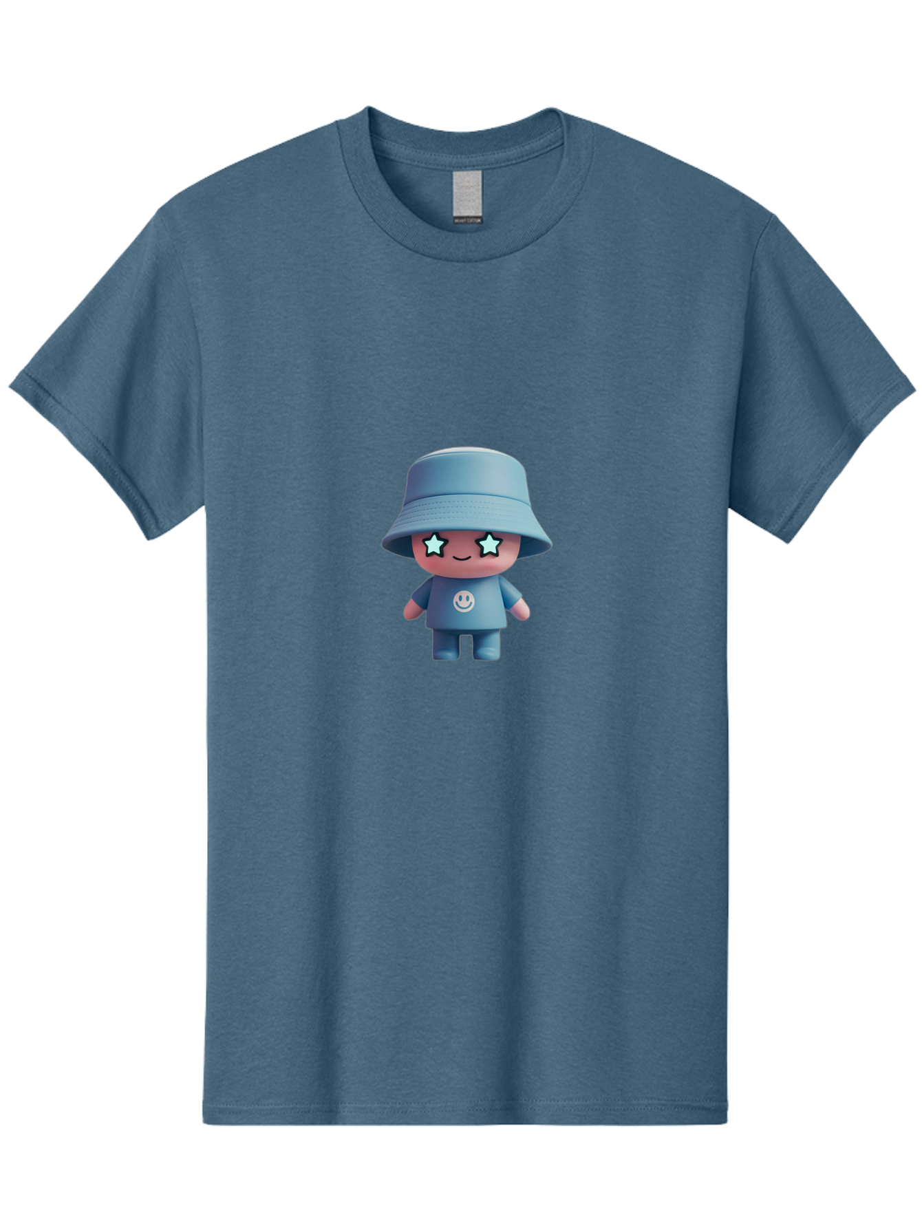 Smiley-Star-Eyes-Doll Men'S Graphic Tee, 100% Cotton, Comfortable Casual Summer Wear, Machine Washable, Kawaii Toy, Cartoon Character, Smiley Face, Bucket Hat, Blue Outfit, Star Eyes, Cute Doll, Figurine, Playful Design, Fun Toy, Smiling Face Bad633