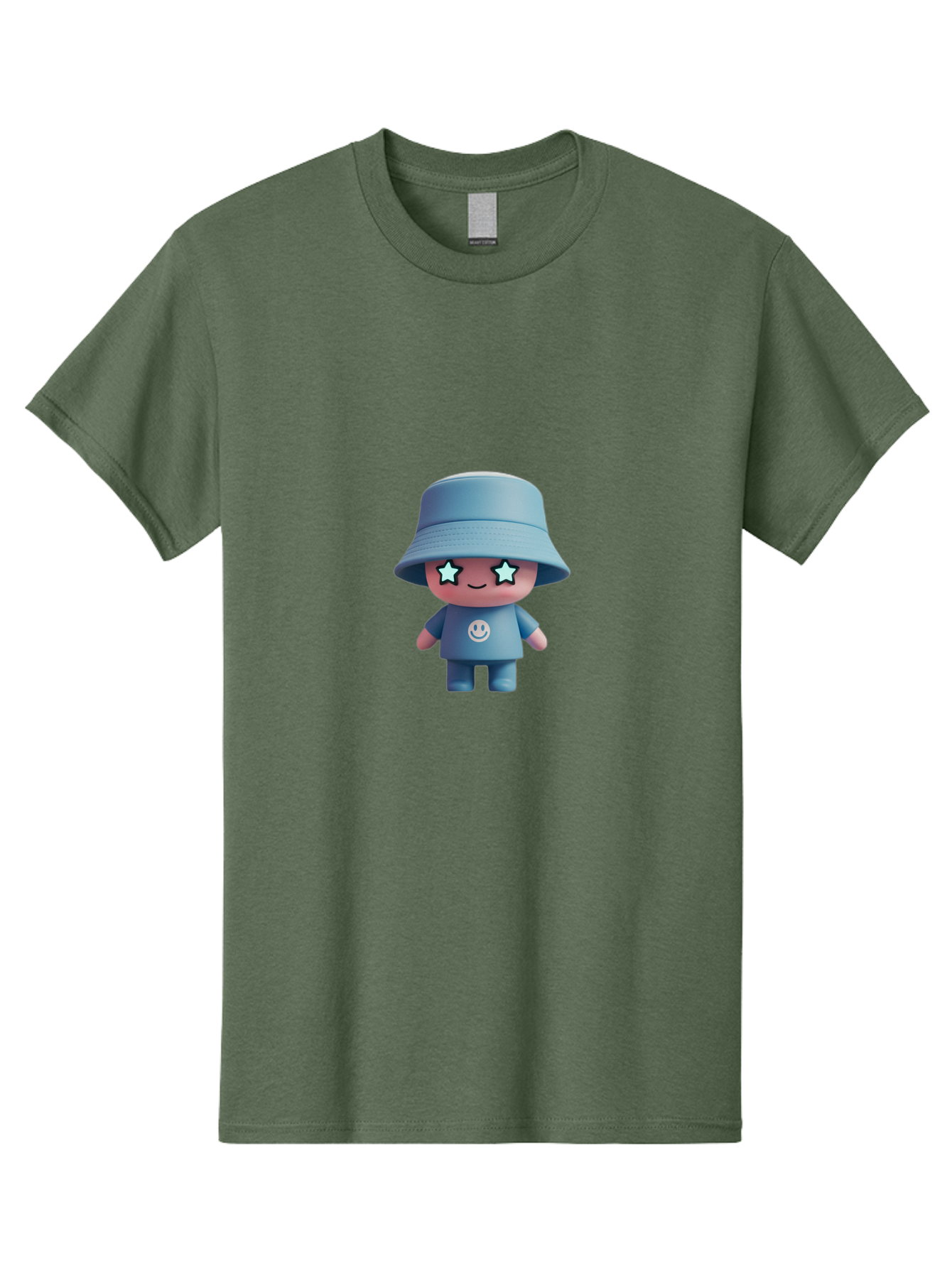 Smiley-Star-Eyes-Doll Men'S Graphic Tee, 100% Cotton, Comfortable Casual Summer Wear, Machine Washable, Kawaii Toy, Cartoon Character, Smiley Face, Bucket Hat, Blue Outfit, Star Eyes, Cute Doll, Figurine, Playful Design, Fun Toy, Smiling Face Bad633