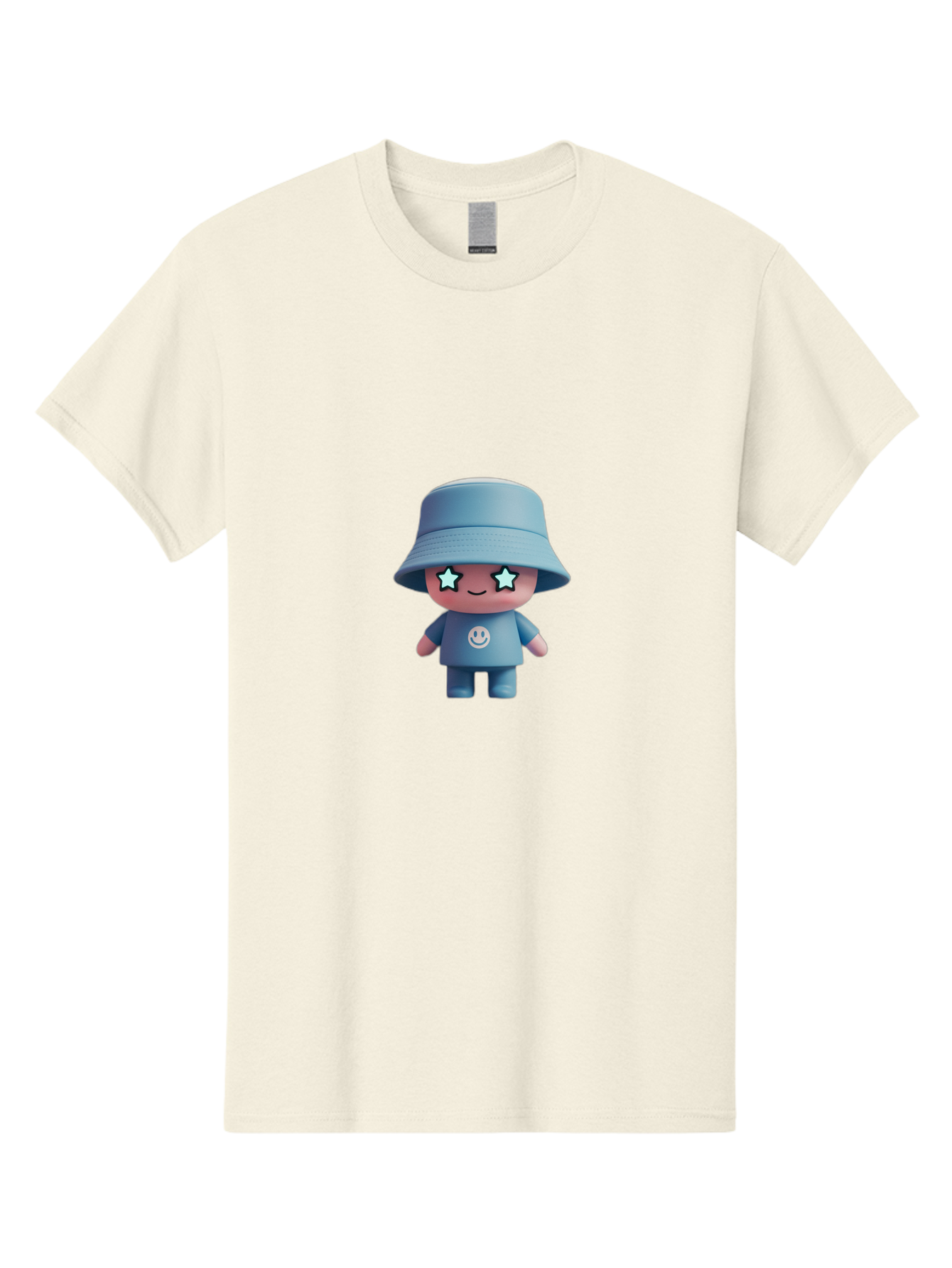Smiley-Star-Eyes-Doll Men'S Graphic Tee, 100% Cotton, Comfortable Casual Summer Wear, Machine Washable, Kawaii Toy, Cartoon Character, Smiley Face, Bucket Hat, Blue Outfit, Star Eyes, Cute Doll, Figurine, Playful Design, Fun Toy, Smiling Face Bad633