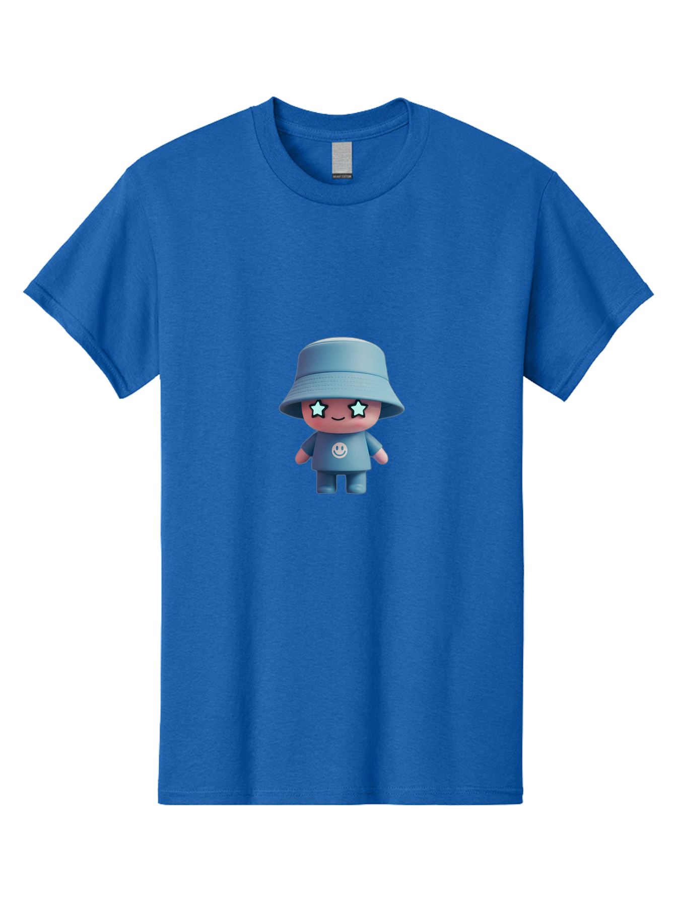 Smiley-Star-Eyes-Doll Men'S Graphic Tee, 100% Cotton, Comfortable Casual Summer Wear, Machine Washable, Kawaii Toy, Cartoon Character, Smiley Face, Bucket Hat, Blue Outfit, Star Eyes, Cute Doll, Figurine, Playful Design, Fun Toy, Smiling Face Bad633