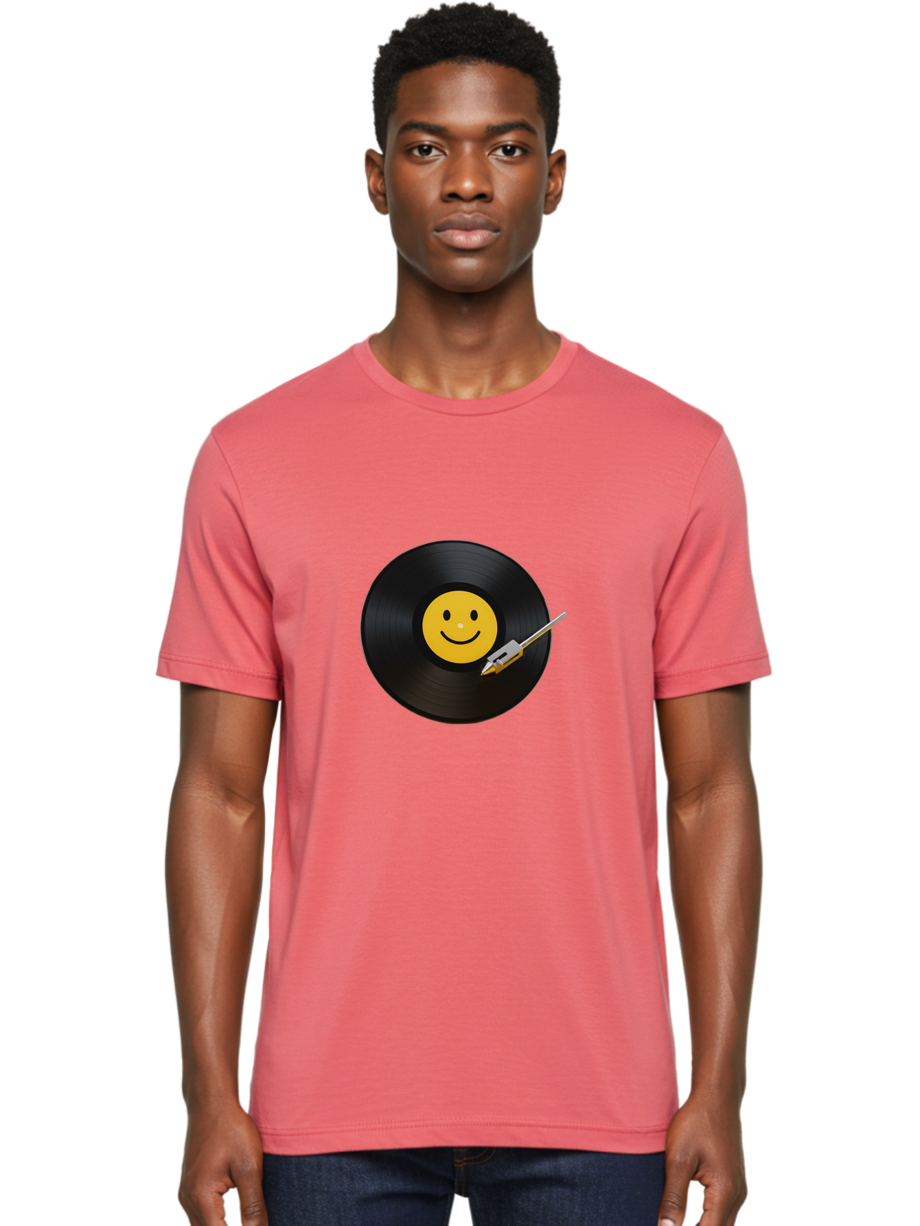 Smiley-Vinyl-Record Men'S Graphic Tee, 100% Cotton, Comfortable Casual Summer Wear, Machine Washable, Vinyl Record, Smiley Face, Music, Gramophone Needle, Retro Design, Happy Vibes, Music Lover, Record Player, Nostalgic Feel, Emoticon Bad634
