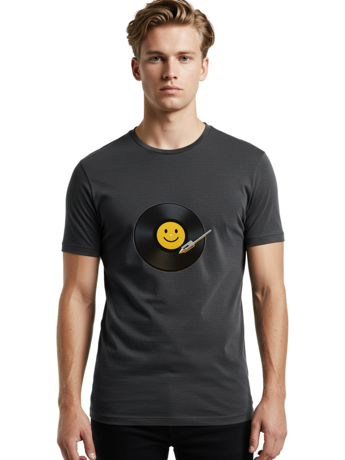Smiley-Vinyl-Record Men'S Graphic Tee, 100% Cotton, Comfortable Casual Summer Wear, Machine Washable, Vinyl Record, Smiley Face, Music, Gramophone Needle, Retro Design, Happy Vibes, Music Lover, Record Player, Nostalgic Feel, Emoticon Bad634