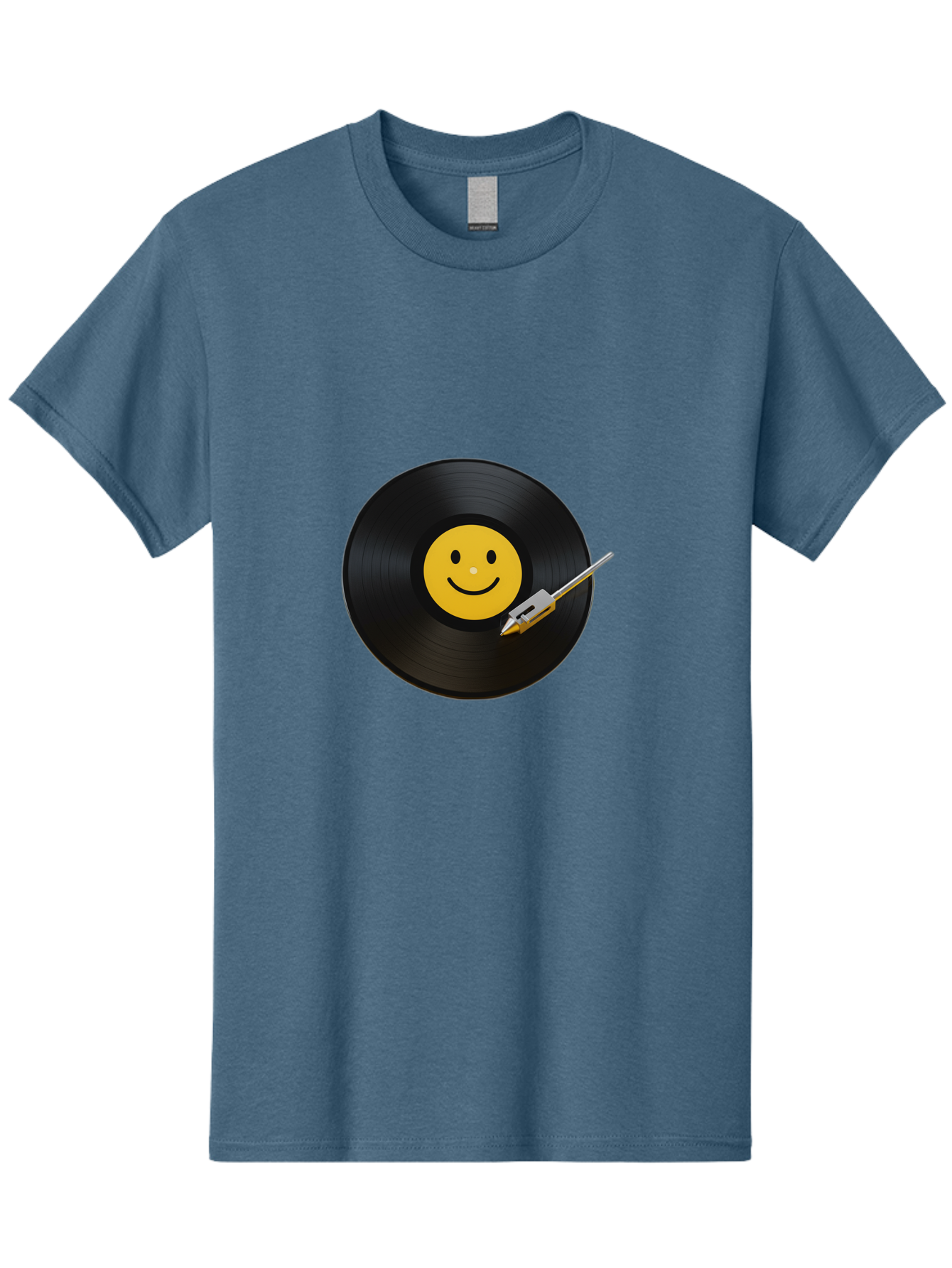 Smiley-Vinyl-Record Men'S Graphic Tee, 100% Cotton, Comfortable Casual Summer Wear, Machine Washable, Vinyl Record, Smiley Face, Music, Gramophone Needle, Retro Design, Happy Vibes, Music Lover, Record Player, Nostalgic Feel, Emoticon Bad634