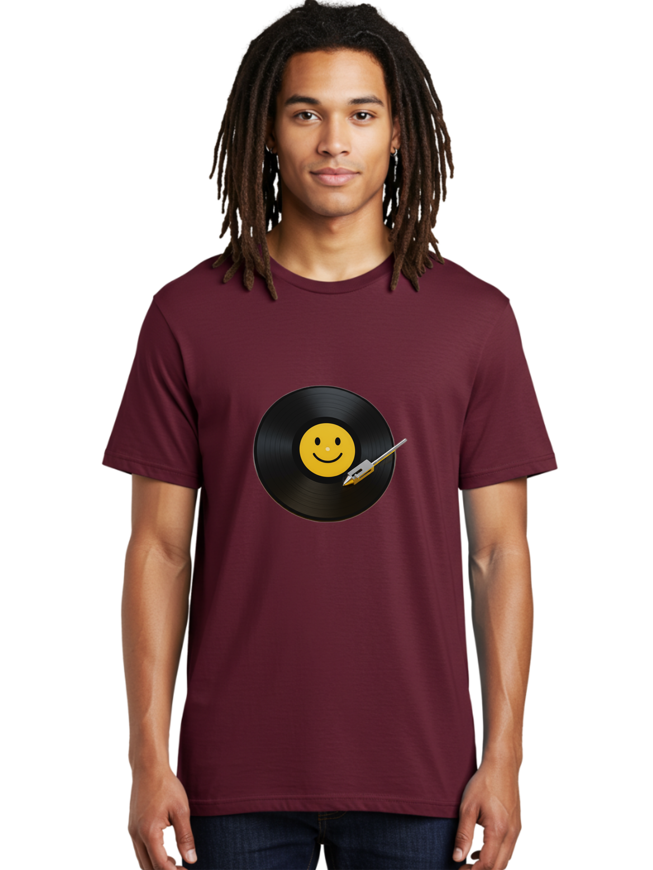 Smiley-Vinyl-Record Men'S Graphic Tee, 100% Cotton, Comfortable Casual Summer Wear, Machine Washable, Vinyl Record, Smiley Face, Music, Gramophone Needle, Retro Design, Happy Vibes, Music Lover, Record Player, Nostalgic Feel, Emoticon Bad634