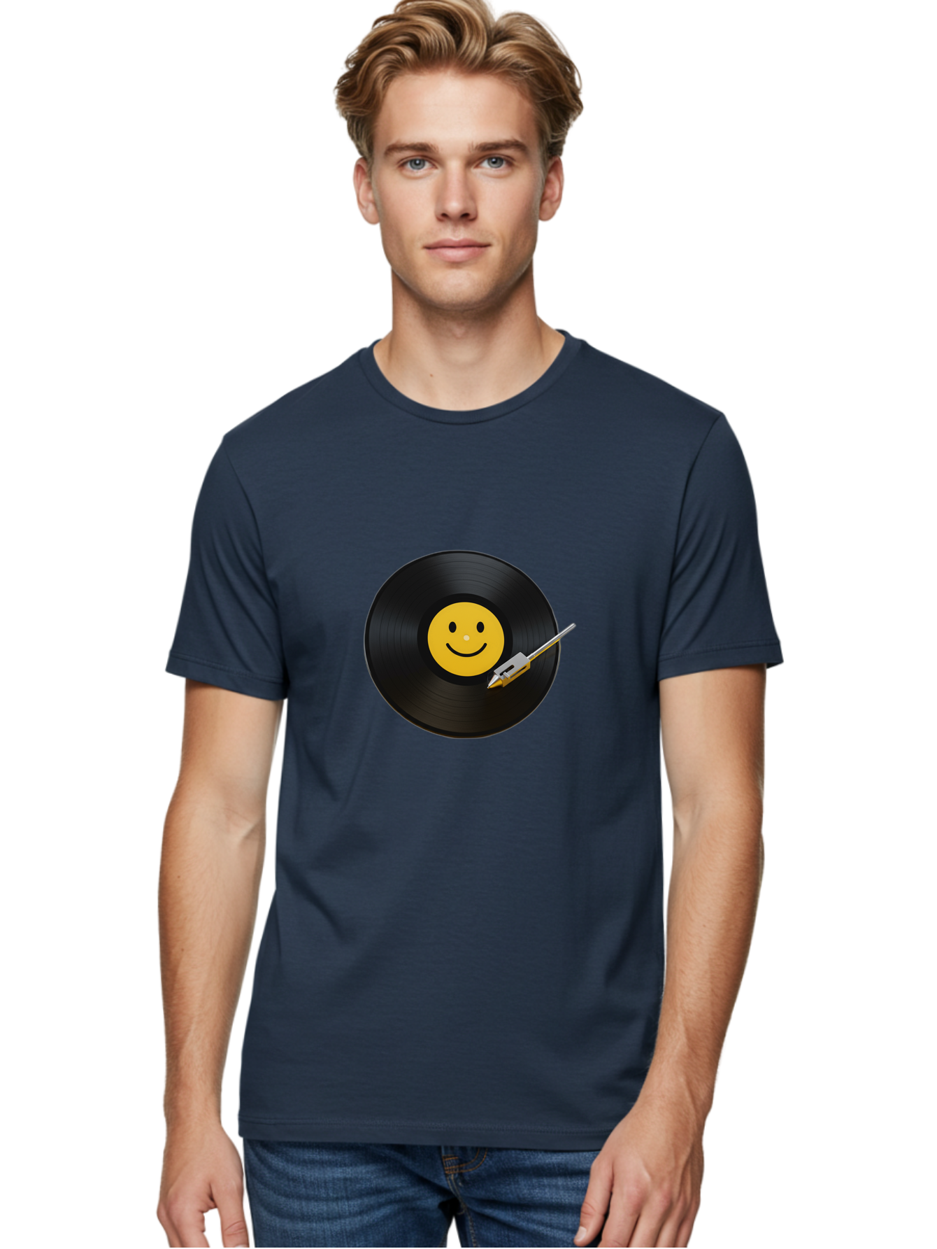 Smiley-Vinyl-Record Men'S Graphic Tee, 100% Cotton, Comfortable Casual Summer Wear, Machine Washable, Vinyl Record, Smiley Face, Music, Gramophone Needle, Retro Design, Happy Vibes, Music Lover, Record Player, Nostalgic Feel, Emoticon Bad634