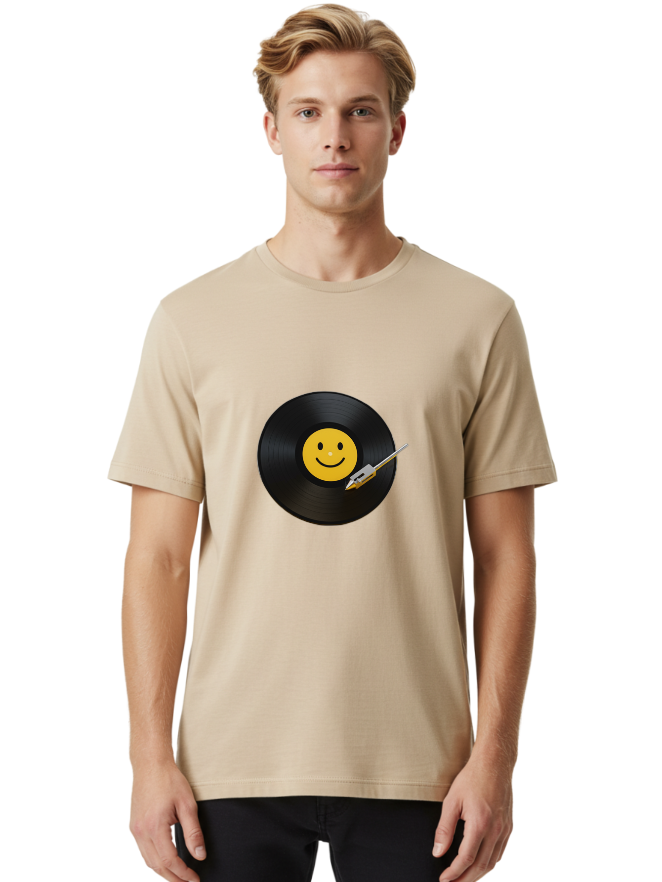 Smiley-Vinyl-Record Men'S Graphic Tee, 100% Cotton, Comfortable Casual Summer Wear, Machine Washable, Vinyl Record, Smiley Face, Music, Gramophone Needle, Retro Design, Happy Vibes, Music Lover, Record Player, Nostalgic Feel, Emoticon Bad634