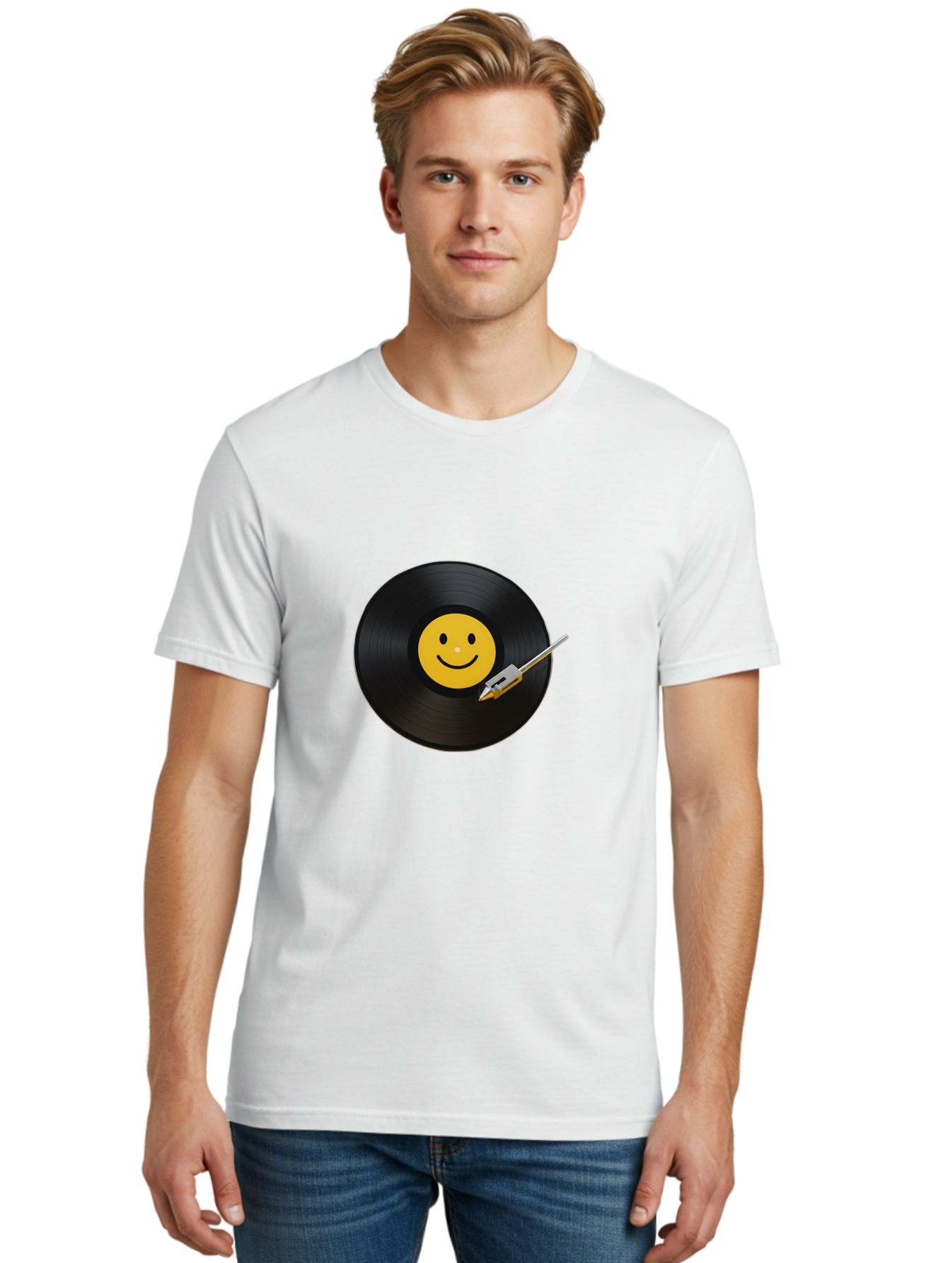 Smiley-Vinyl-Record Men'S Graphic Tee, 100% Cotton, Comfortable Casual Summer Wear, Machine Washable, Vinyl Record, Smiley Face, Music, Gramophone Needle, Retro Design, Happy Vibes, Music Lover, Record Player, Nostalgic Feel, Emoticon Bad634