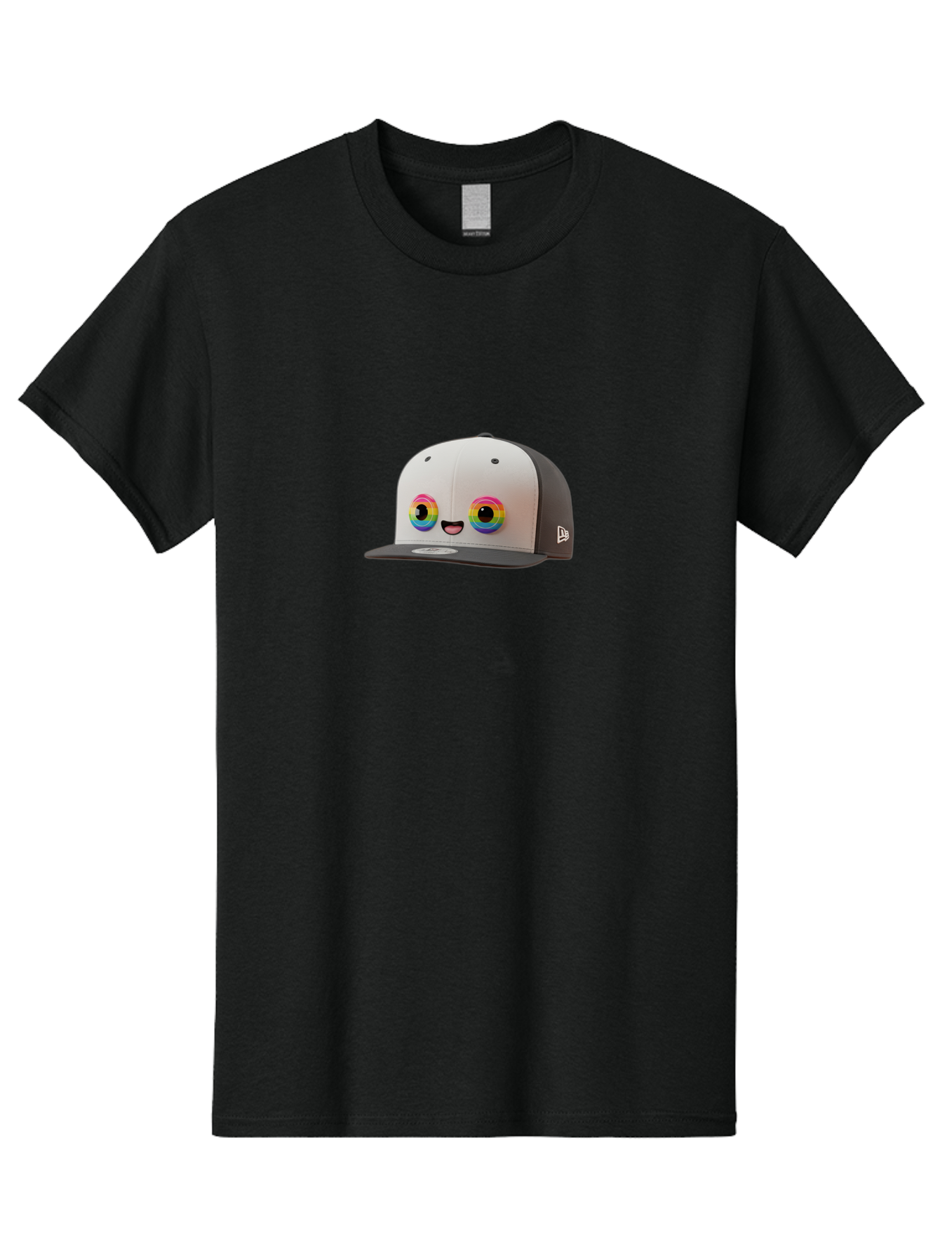 Smiling-Baseball-Cap Men'S Graphic Tee, 100% Cotton, Comfortable Casual Summer Wear, Machine Washable, Baseball Cap, Cartoon Eyes, Bright Colors, New Era Logo, Funny Face, Smiling Hat, Animated Character, Rainbow Eyes, Casual Wear, Bad635