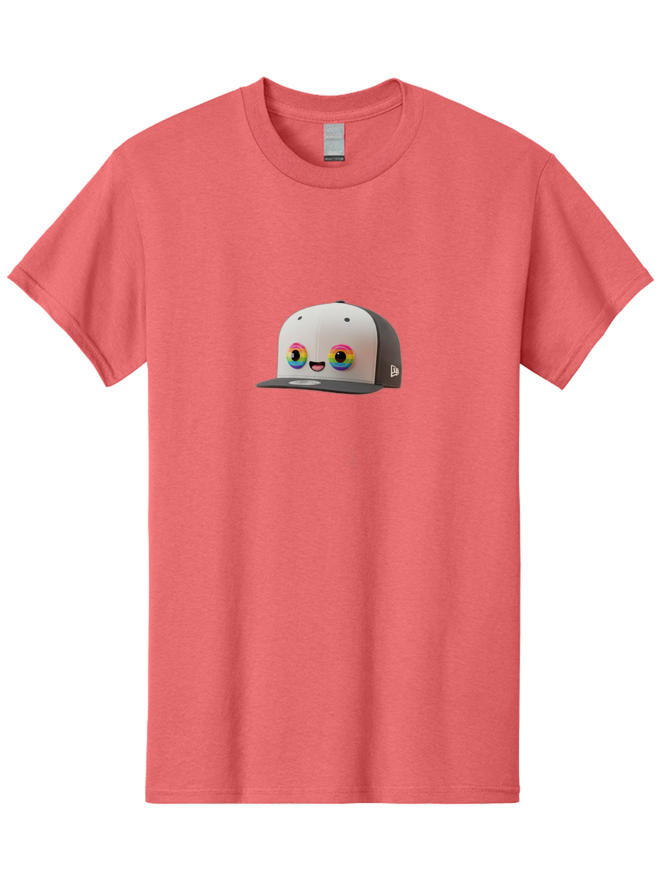 Smiling-Baseball-Cap Men'S Graphic Tee, 100% Cotton, Comfortable Casual Summer Wear, Machine Washable, Baseball Cap, Cartoon Eyes, Bright Colors, New Era Logo, Funny Face, Smiling Hat, Animated Character, Rainbow Eyes, Casual Wear, Bad635