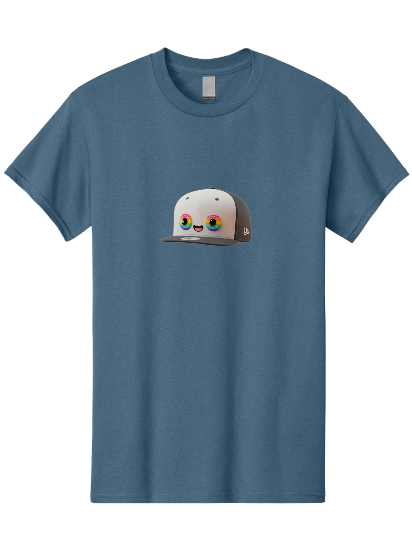 Smiling-Baseball-Cap Men'S Graphic Tee, 100% Cotton, Comfortable Casual Summer Wear, Machine Washable, Baseball Cap, Cartoon Eyes, Bright Colors, New Era Logo, Funny Face, Smiling Hat, Animated Character, Rainbow Eyes, Casual Wear, Bad635