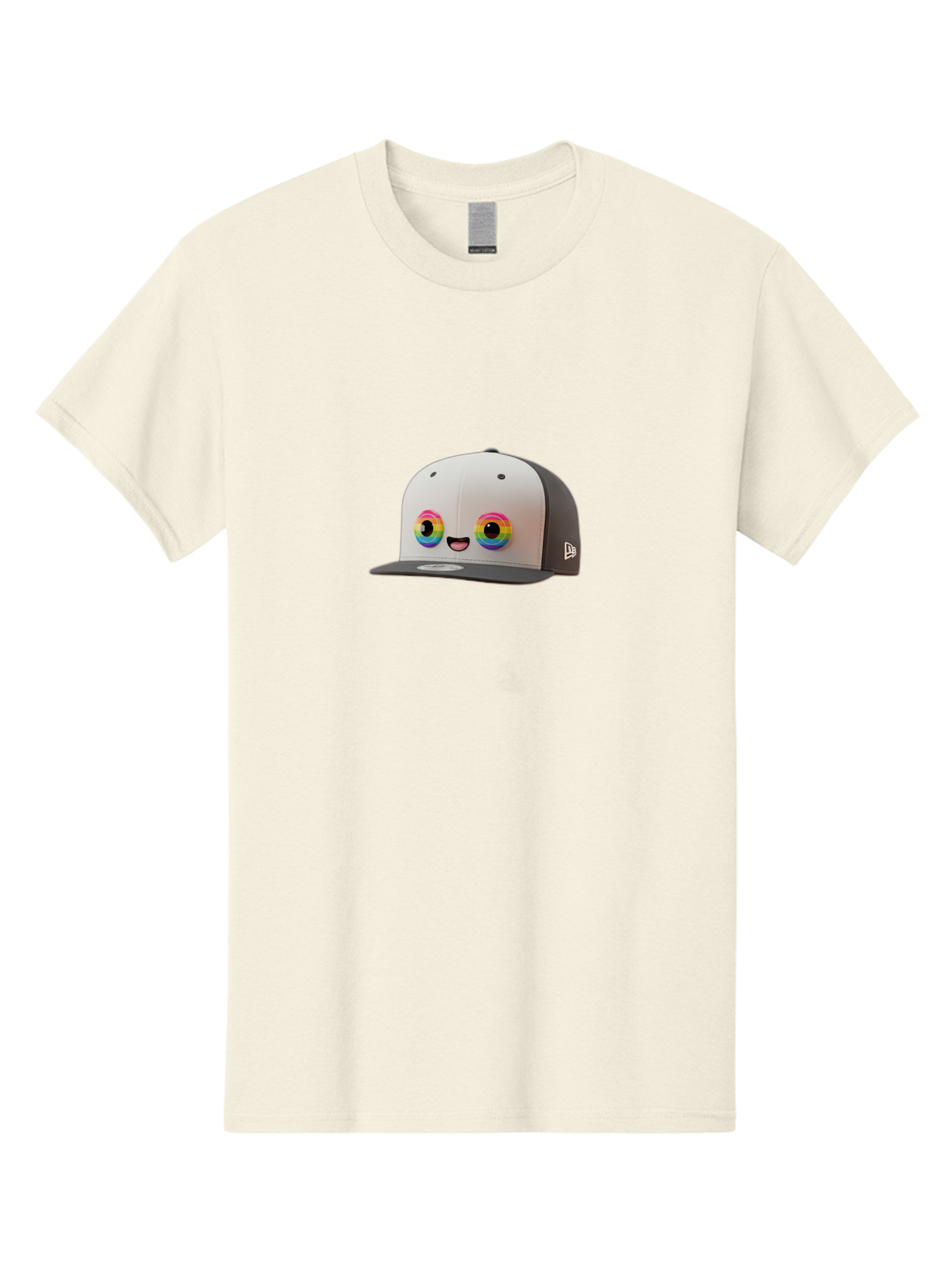 Smiling-Baseball-Cap Men'S Graphic Tee, 100% Cotton, Comfortable Casual Summer Wear, Machine Washable, Baseball Cap, Cartoon Eyes, Bright Colors, New Era Logo, Funny Face, Smiling Hat, Animated Character, Rainbow Eyes, Casual Wear, Bad635