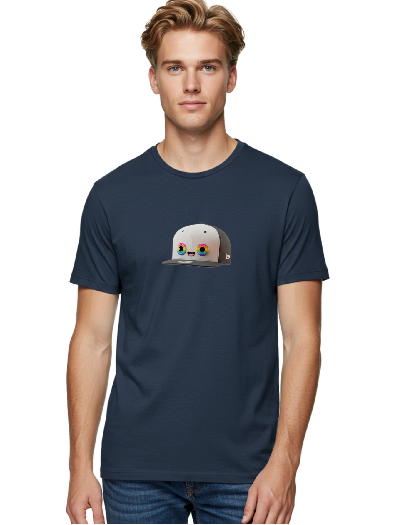 Smiling-Baseball-Cap Men'S Graphic Tee, 100% Cotton, Comfortable Casual Summer Wear, Machine Washable, Baseball Cap, Cartoon Eyes, Bright Colors, New Era Logo, Funny Face, Smiling Hat, Animated Character, Rainbow Eyes, Casual Wear, Bad635