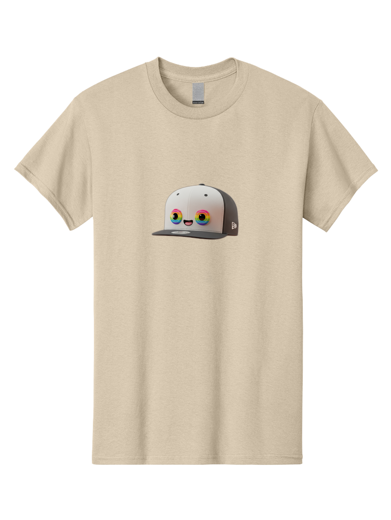 Smiling-Baseball-Cap Men'S Graphic Tee, 100% Cotton, Comfortable Casual Summer Wear, Machine Washable, Baseball Cap, Cartoon Eyes, Bright Colors, New Era Logo, Funny Face, Smiling Hat, Animated Character, Rainbow Eyes, Casual Wear, Bad635