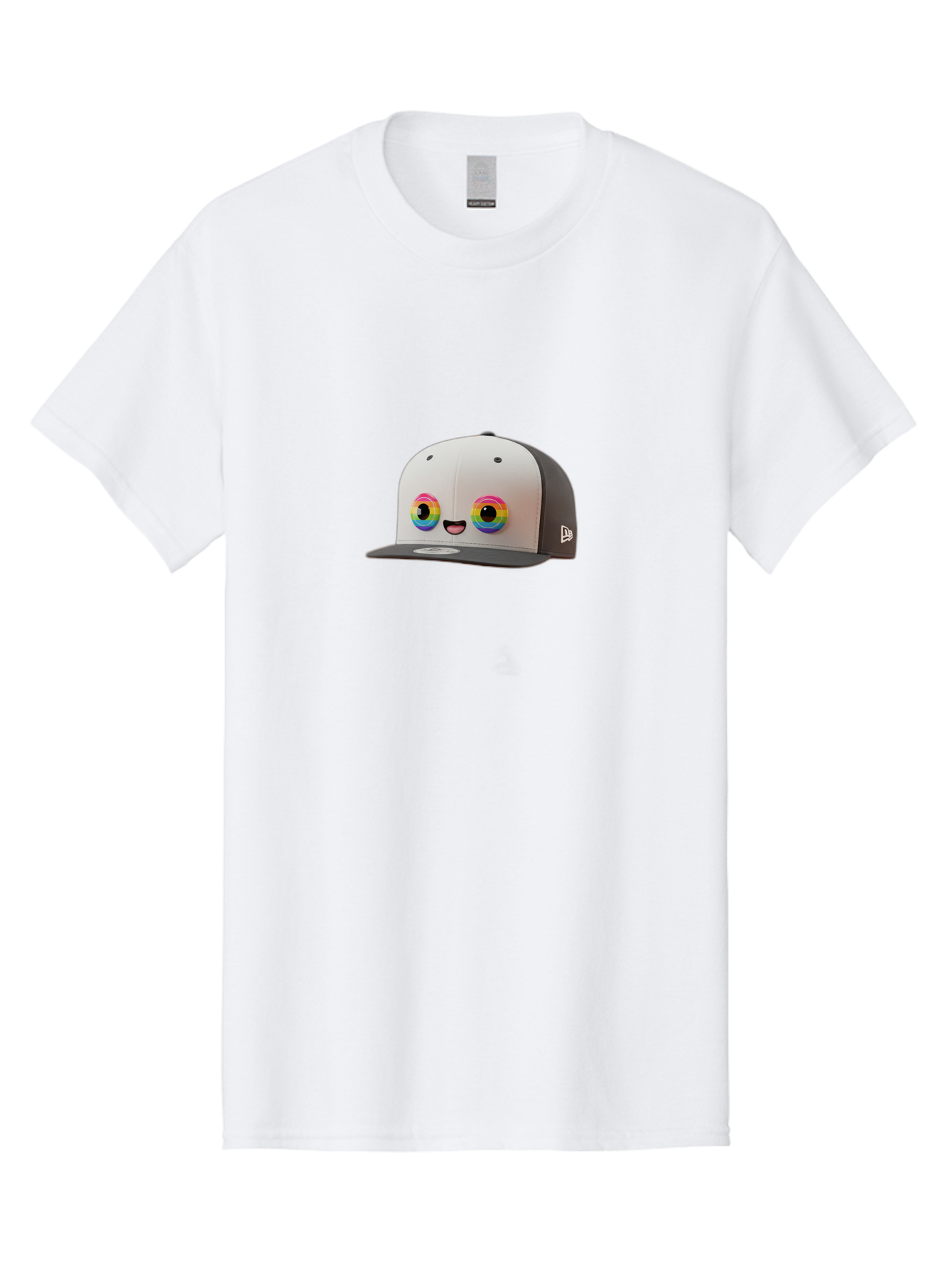 Smiling-Baseball-Cap Men'S Graphic Tee, 100% Cotton, Comfortable Casual Summer Wear, Machine Washable, Baseball Cap, Cartoon Eyes, Bright Colors, New Era Logo, Funny Face, Smiling Hat, Animated Character, Rainbow Eyes, Casual Wear, Bad635