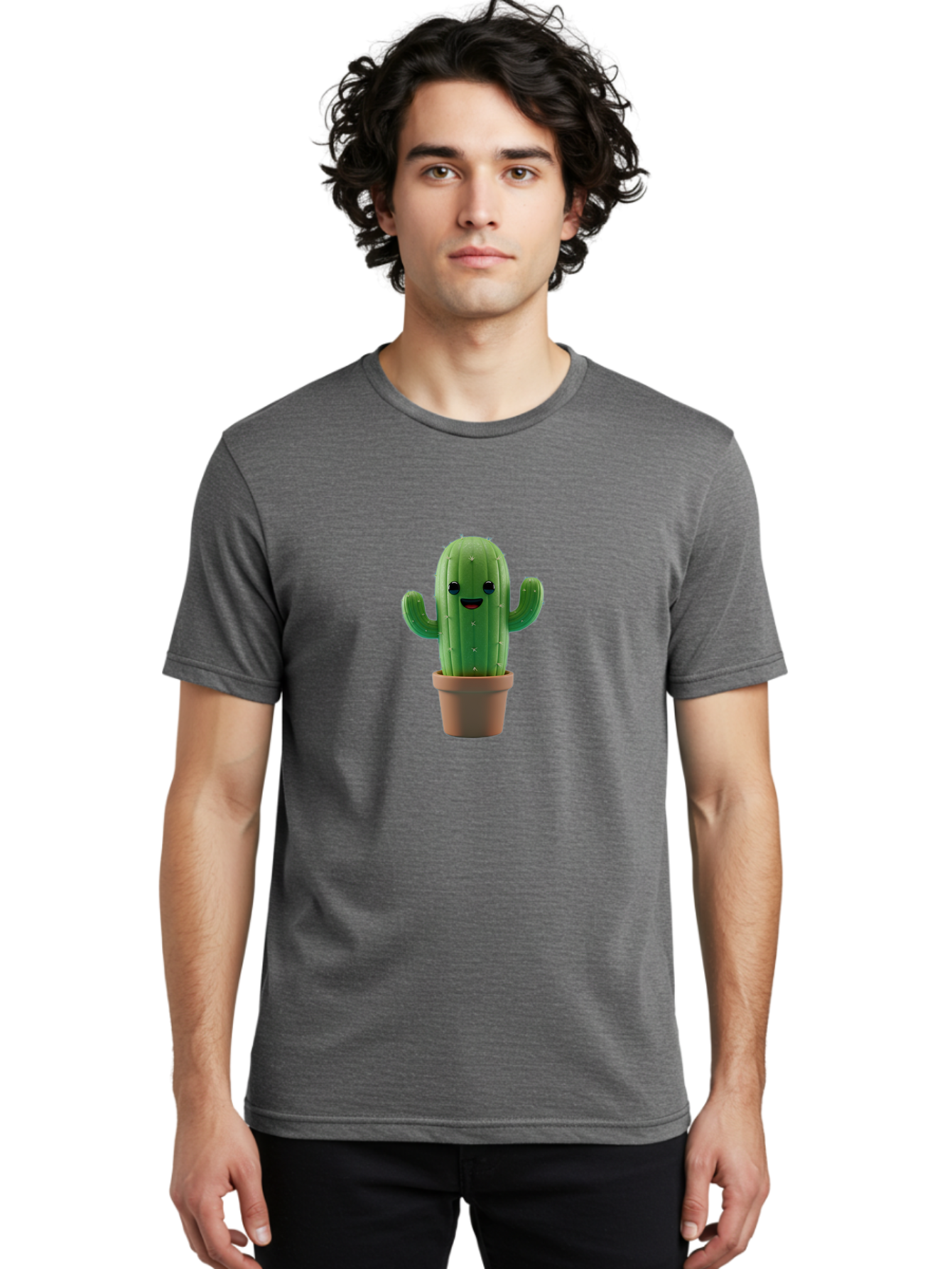 Smiling-Cactus Men'S Graphic Tee, 100% Cotton, Comfortable Casual Summer Wear, Machine Washable, Cartoon Cactus, Smiling Cactus, Potted Plant, Cute Character, Green Cactus, Happy Face, Friendly Cactus, Quirky Design Bad636