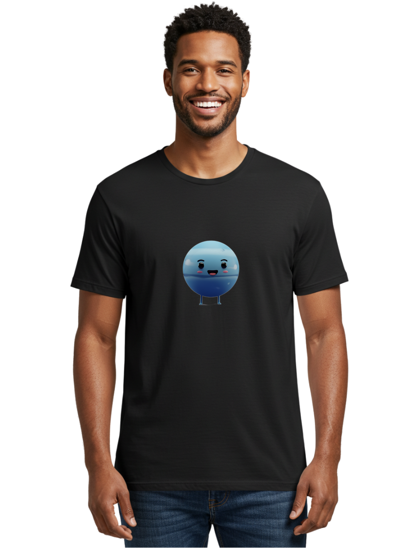 Smiling-Earth Men'S Graphic Tee, 100% Cotton, Comfortable Casual Summer Wear, Machine Washable, Water Droplet Character, Cute Cartoon Illustration, Blue Water Droplet, Happy Face, Rosy Cheeks, Funny Animation, Playful Vibe, Smiling Water Drop Bad637