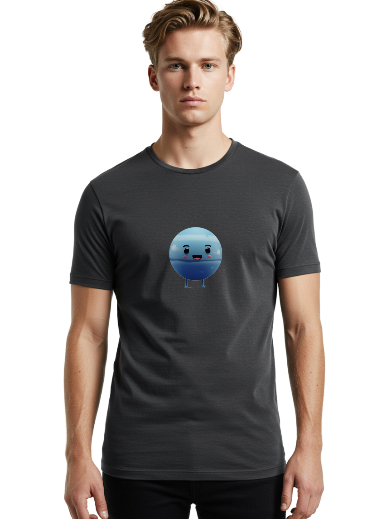 Smiling-Earth Men'S Graphic Tee, 100% Cotton, Comfortable Casual Summer Wear, Machine Washable, Water Droplet Character, Cute Cartoon Illustration, Blue Water Droplet, Happy Face, Rosy Cheeks, Funny Animation, Playful Vibe, Smiling Water Drop Bad637
