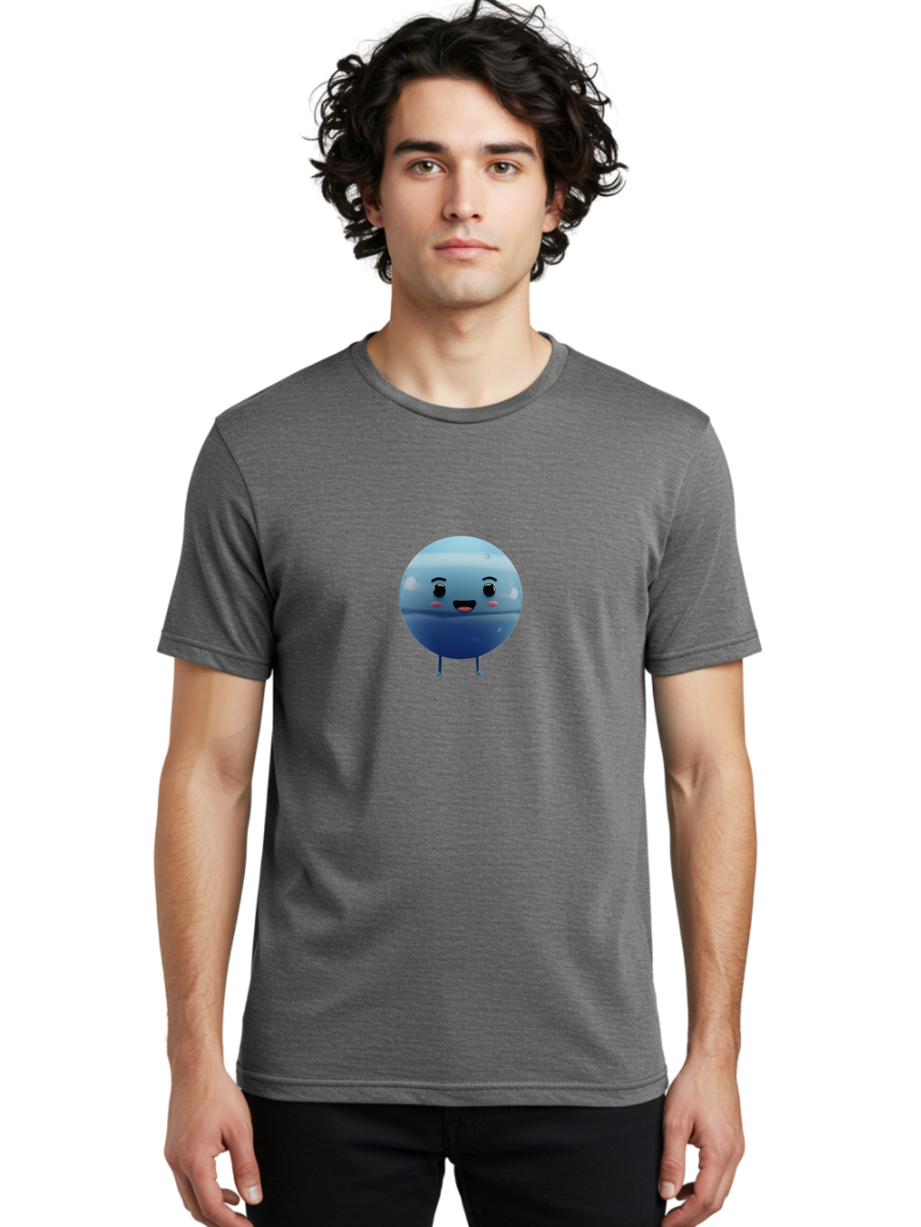Smiling-Earth Men'S Graphic Tee, 100% Cotton, Comfortable Casual Summer Wear, Machine Washable, Water Droplet Character, Cute Cartoon Illustration, Blue Water Droplet, Happy Face, Rosy Cheeks, Funny Animation, Playful Vibe, Smiling Water Drop Bad637