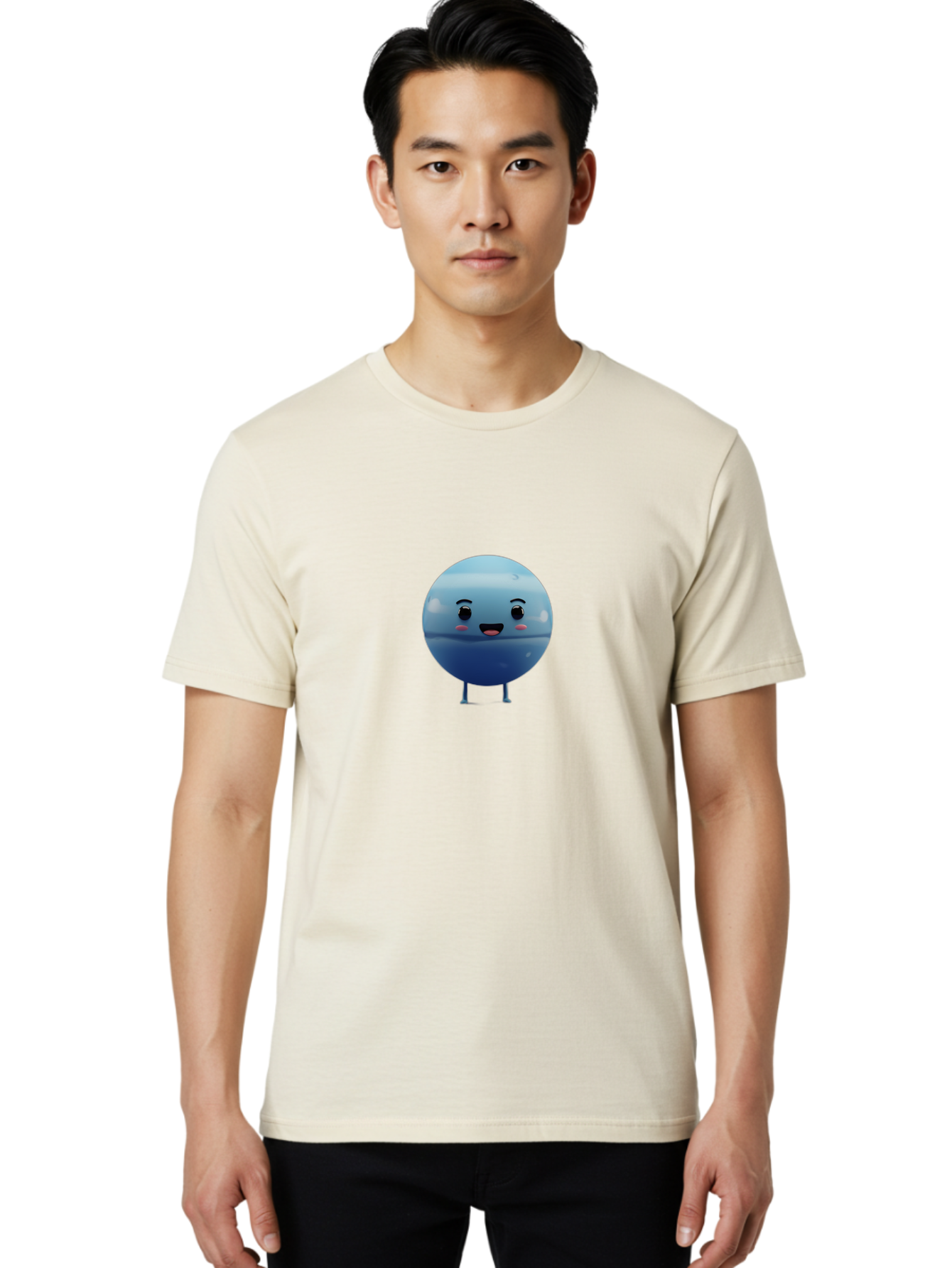 Smiling-Earth Men'S Graphic Tee, 100% Cotton, Comfortable Casual Summer Wear, Machine Washable, Water Droplet Character, Cute Cartoon Illustration, Blue Water Droplet, Happy Face, Rosy Cheeks, Funny Animation, Playful Vibe, Smiling Water Drop Bad637