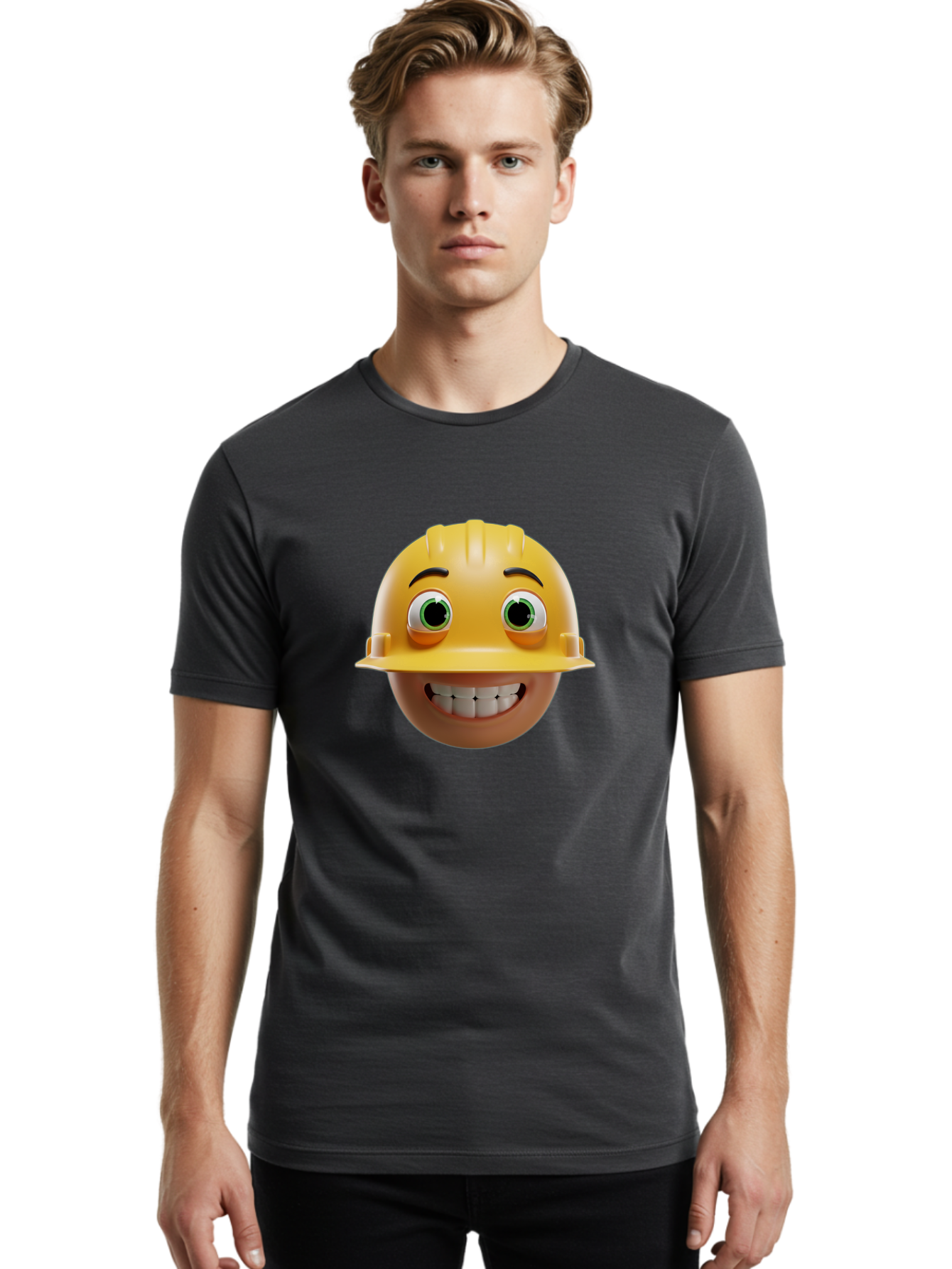 Smiling-Face-With-Hard-Hat Men'S Graphic Tee, 100% Cotton, Comfortable Casual Summer Wear, Machine Washable, Construction Worker, Happy Face, Yellow Hard Hat, Emoji Character, Cartoon Style, Funny Expression, Big Smile, Construction Theme, Bad638