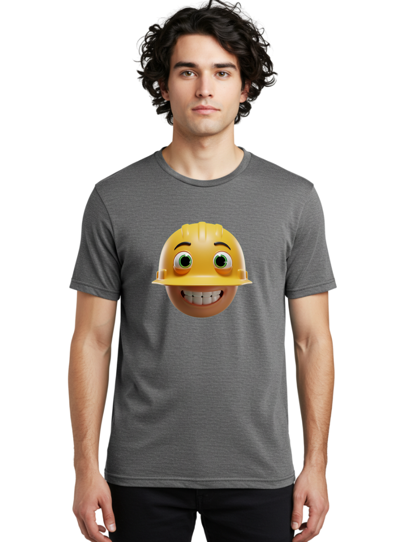 Smiling-Face-With-Hard-Hat Men'S Graphic Tee, 100% Cotton, Comfortable Casual Summer Wear, Machine Washable, Construction Worker, Happy Face, Yellow Hard Hat, Emoji Character, Cartoon Style, Funny Expression, Big Smile, Construction Theme, Bad638