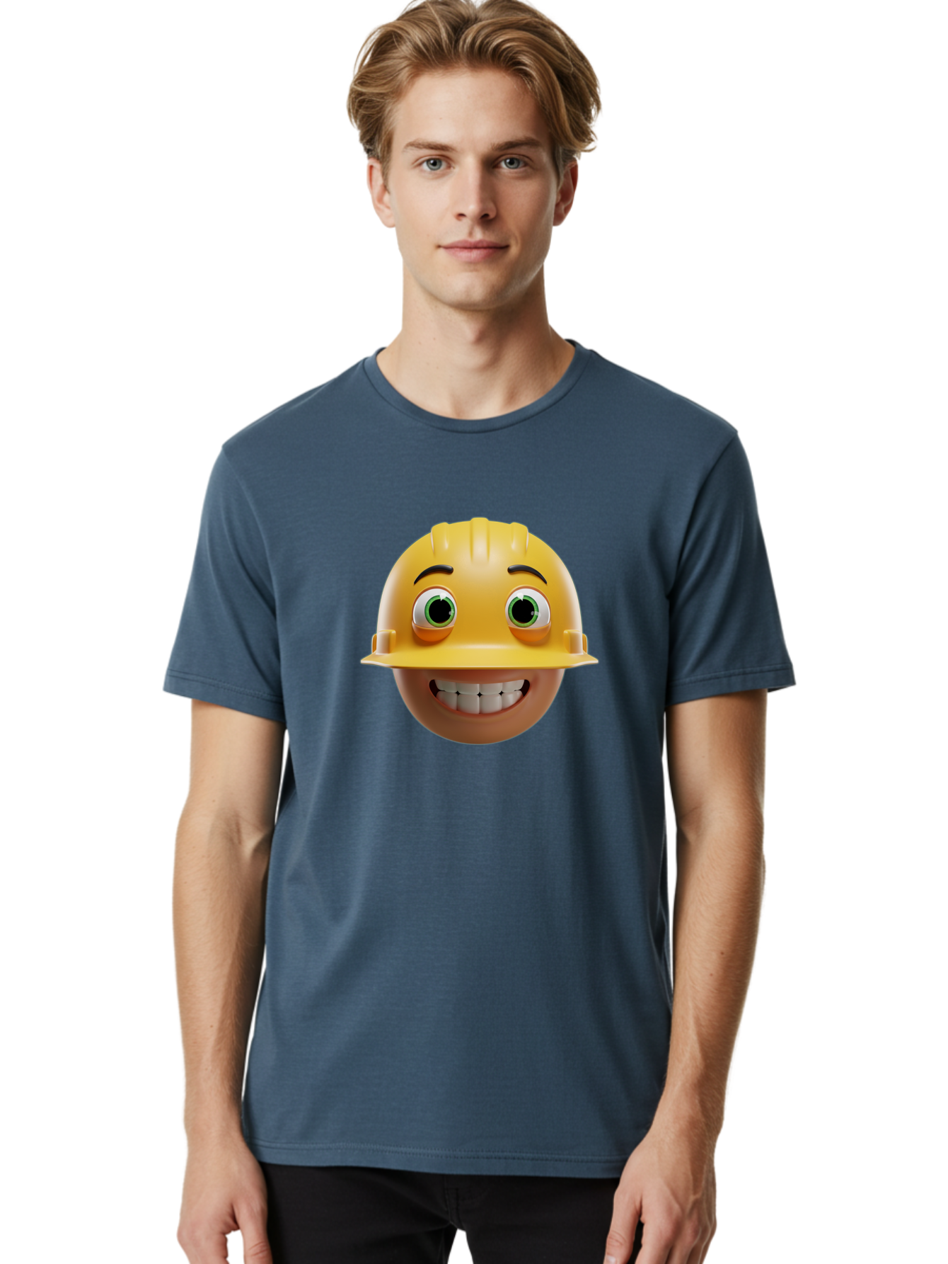 Smiling-Face-With-Hard-Hat Men'S Graphic Tee, 100% Cotton, Comfortable Casual Summer Wear, Machine Washable, Construction Worker, Happy Face, Yellow Hard Hat, Emoji Character, Cartoon Style, Funny Expression, Big Smile, Construction Theme, Bad638