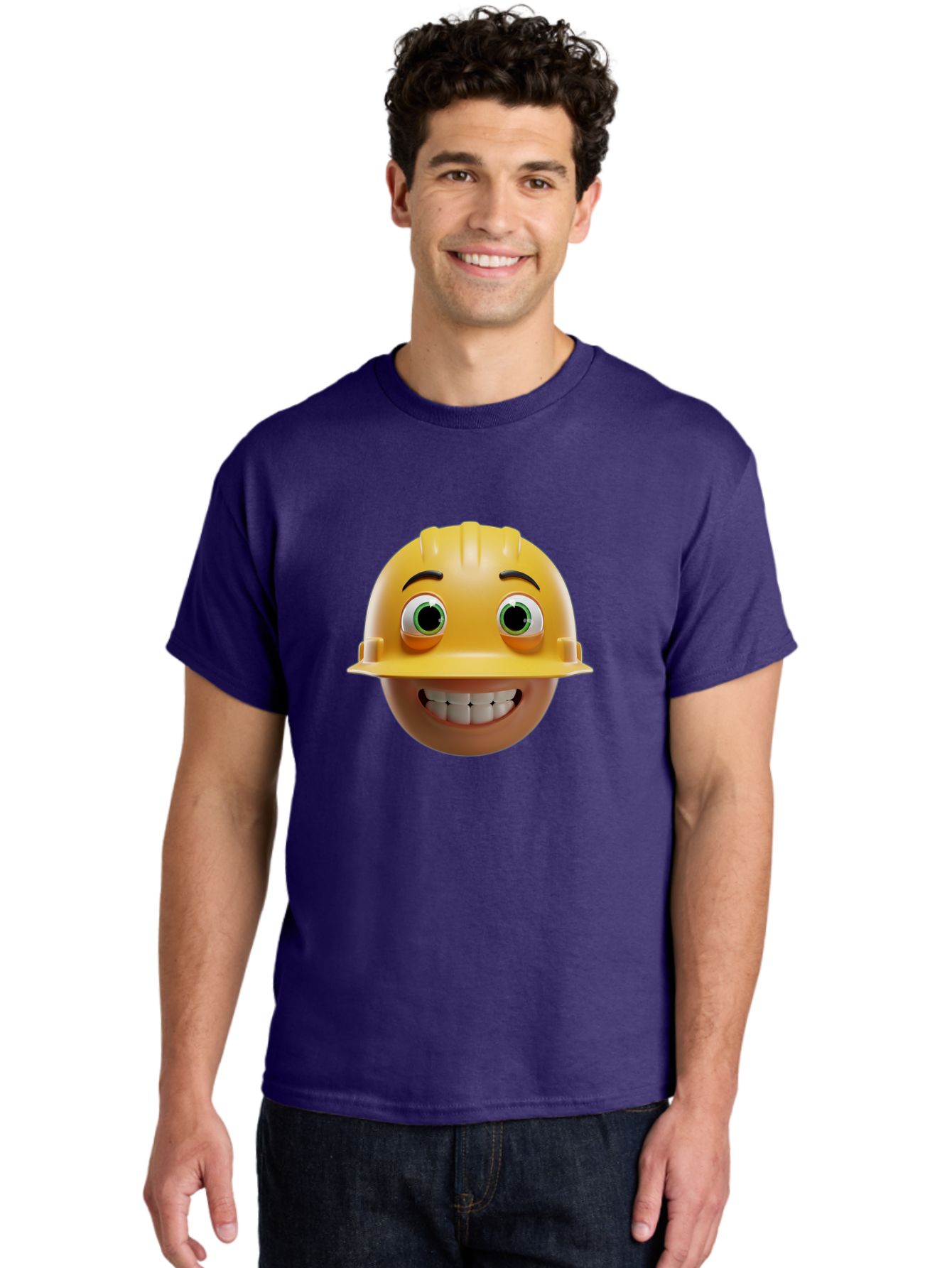 Smiling-Face-With-Hard-Hat Men'S Graphic Tee, 100% Cotton, Comfortable Casual Summer Wear, Machine Washable, Construction Worker, Happy Face, Yellow Hard Hat, Emoji Character, Cartoon Style, Funny Expression, Big Smile, Construction Theme, Bad638