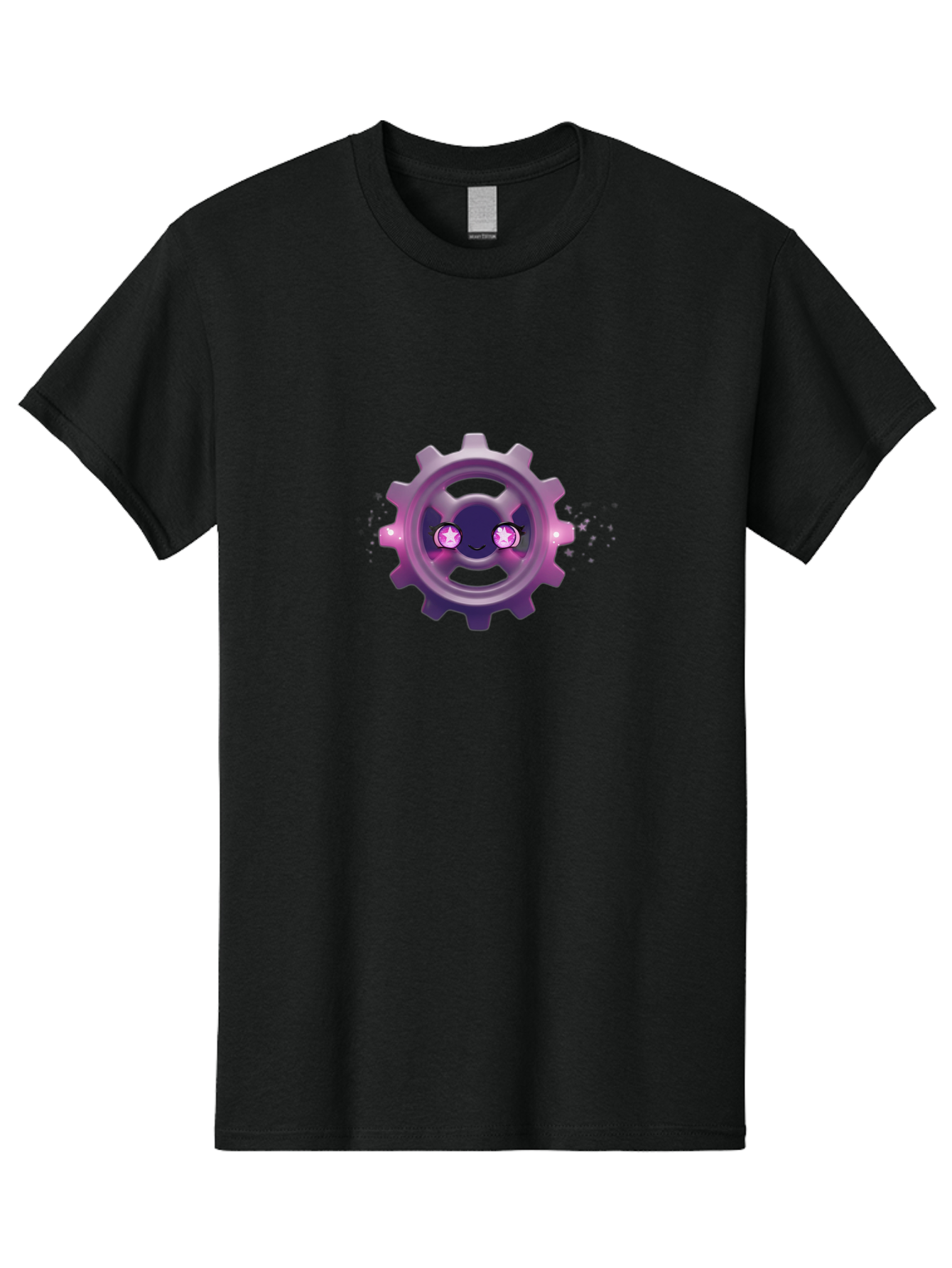 Smiling-Gear-1 Men'S Graphic Tee, 100% Cotton, Comfortable Casual Summer Wear, Machine Washable, Cartoon Gear, Smiling Face, Pink Eyes, Purple Hue, Mechanical Character, Robotic Smile, Whimsical Design, Fantastical Machinery, Bad639
