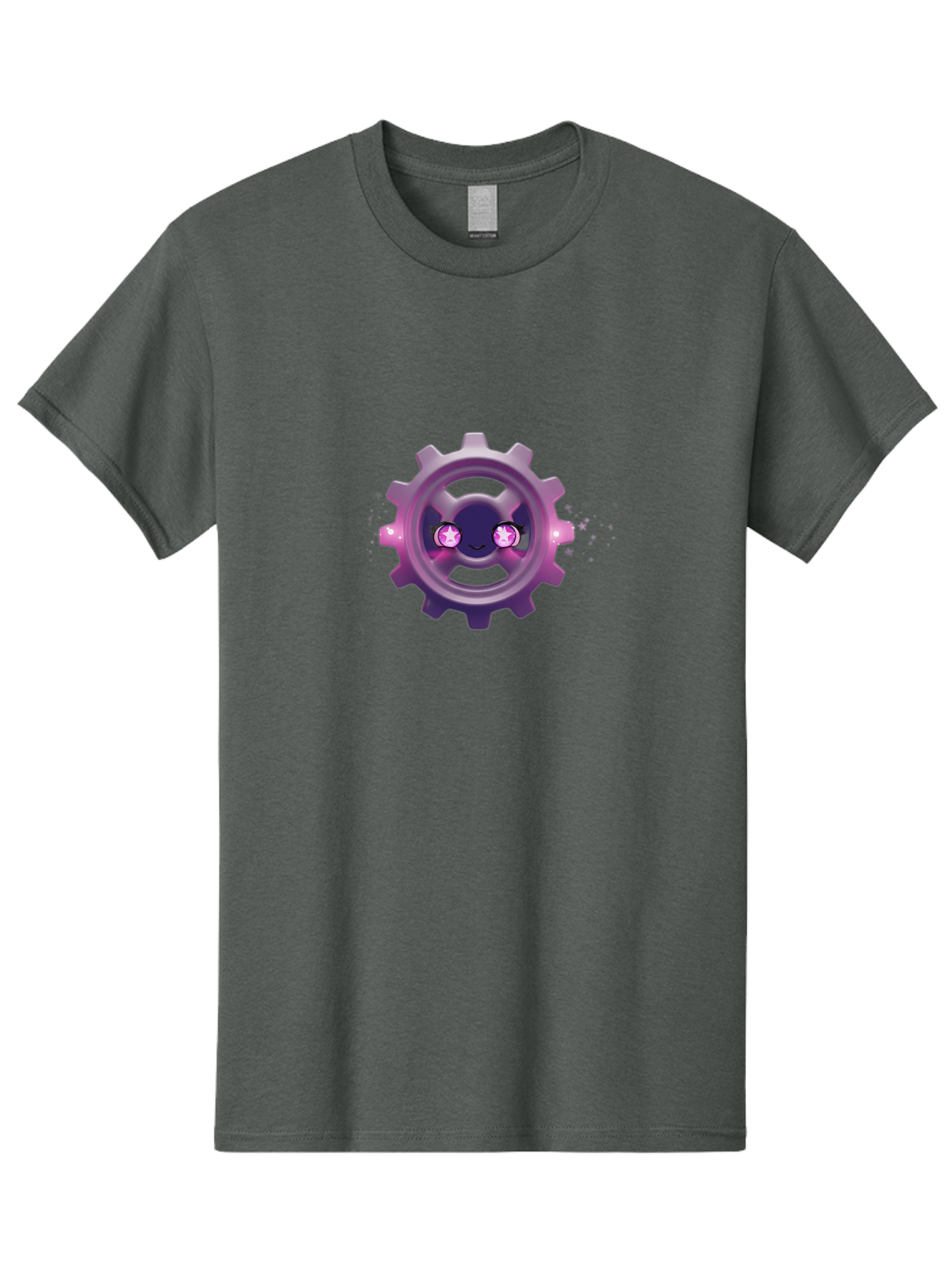 Smiling-Gear-1 Men'S Graphic Tee, 100% Cotton, Comfortable Casual Summer Wear, Machine Washable, Cartoon Gear, Smiling Face, Pink Eyes, Purple Hue, Mechanical Character, Robotic Smile, Whimsical Design, Fantastical Machinery, Bad639