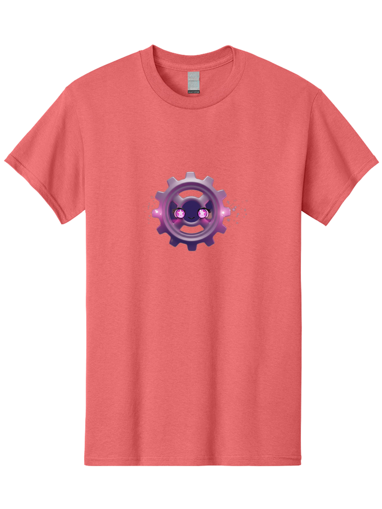 Smiling-Gear-1 Men'S Graphic Tee, 100% Cotton, Comfortable Casual Summer Wear, Machine Washable, Cartoon Gear, Smiling Face, Pink Eyes, Purple Hue, Mechanical Character, Robotic Smile, Whimsical Design, Fantastical Machinery, Bad639