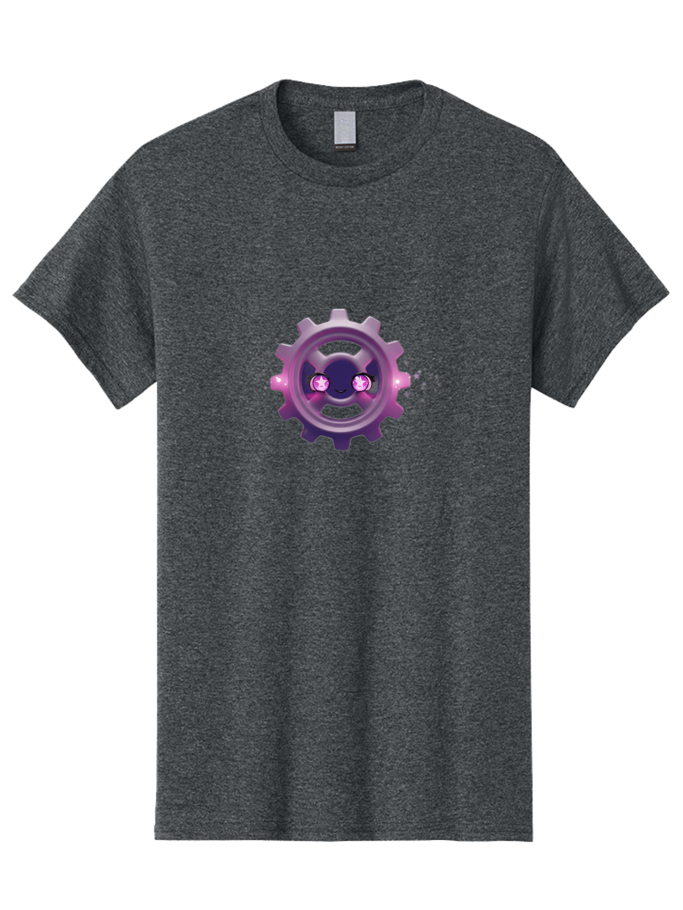 Smiling-Gear-1 Men'S Graphic Tee, 100% Cotton, Comfortable Casual Summer Wear, Machine Washable, Cartoon Gear, Smiling Face, Pink Eyes, Purple Hue, Mechanical Character, Robotic Smile, Whimsical Design, Fantastical Machinery, Bad639