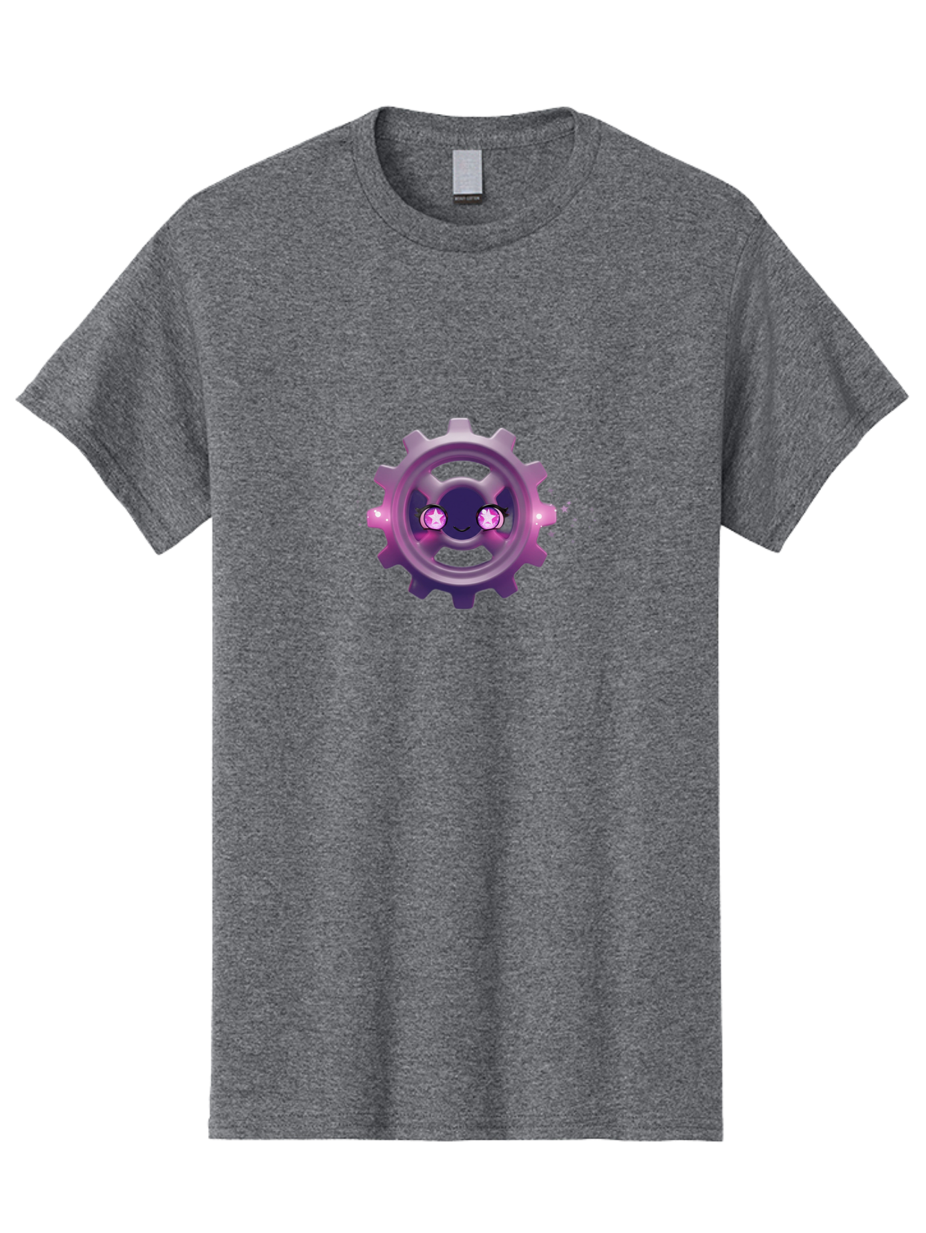 Smiling-Gear-1 Men'S Graphic Tee, 100% Cotton, Comfortable Casual Summer Wear, Machine Washable, Cartoon Gear, Smiling Face, Pink Eyes, Purple Hue, Mechanical Character, Robotic Smile, Whimsical Design, Fantastical Machinery, Bad639