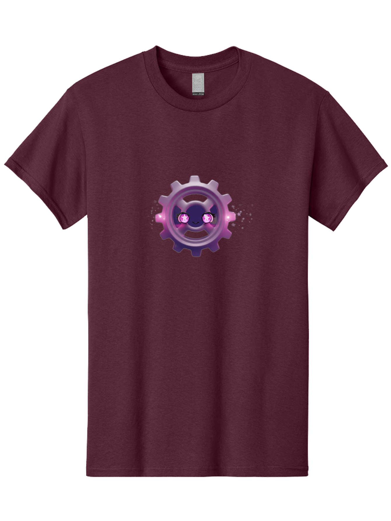 Smiling-Gear-1 Men'S Graphic Tee, 100% Cotton, Comfortable Casual Summer Wear, Machine Washable, Cartoon Gear, Smiling Face, Pink Eyes, Purple Hue, Mechanical Character, Robotic Smile, Whimsical Design, Fantastical Machinery, Bad639