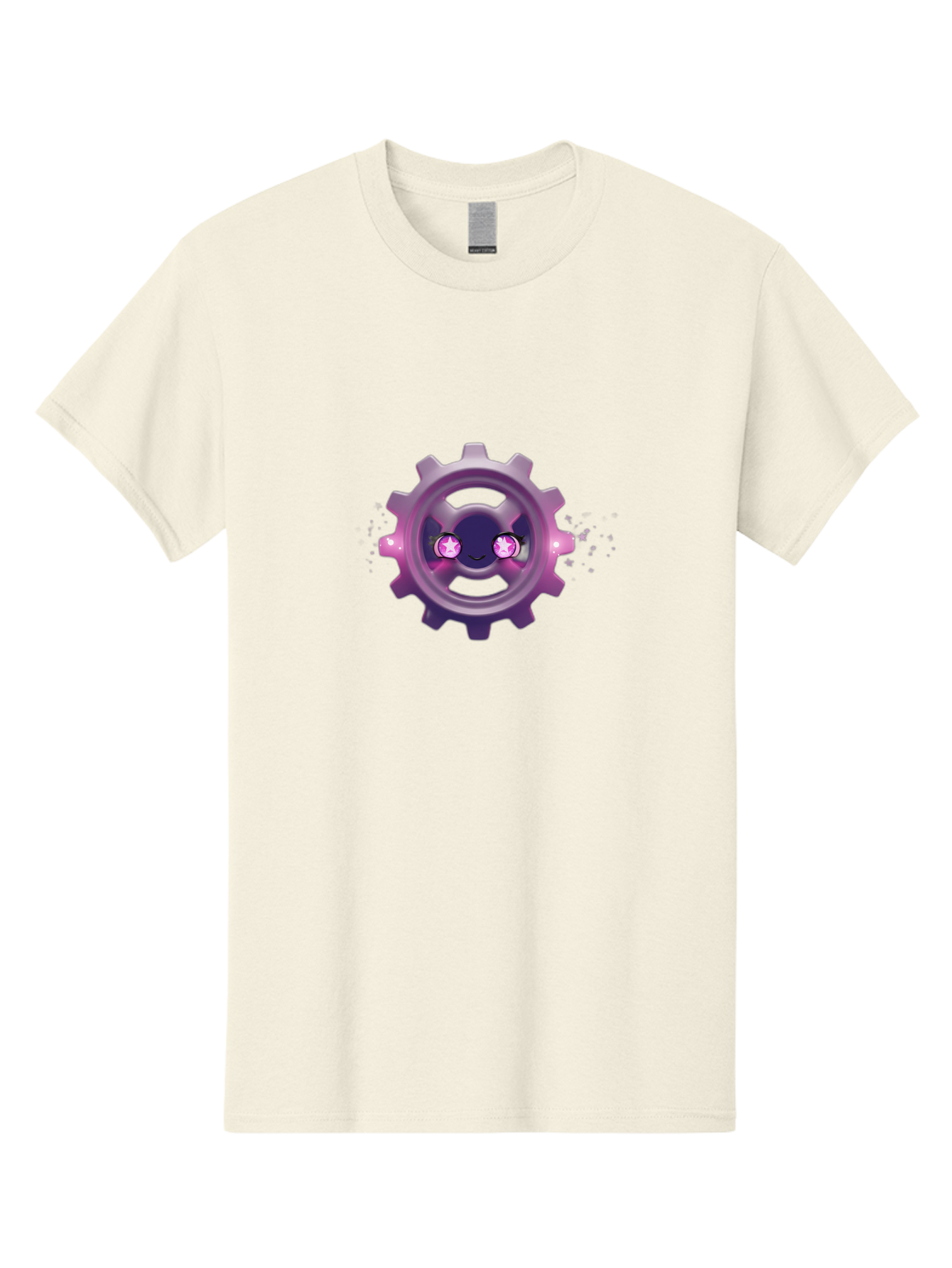 Smiling-Gear-1 Men'S Graphic Tee, 100% Cotton, Comfortable Casual Summer Wear, Machine Washable, Cartoon Gear, Smiling Face, Pink Eyes, Purple Hue, Mechanical Character, Robotic Smile, Whimsical Design, Fantastical Machinery, Bad639