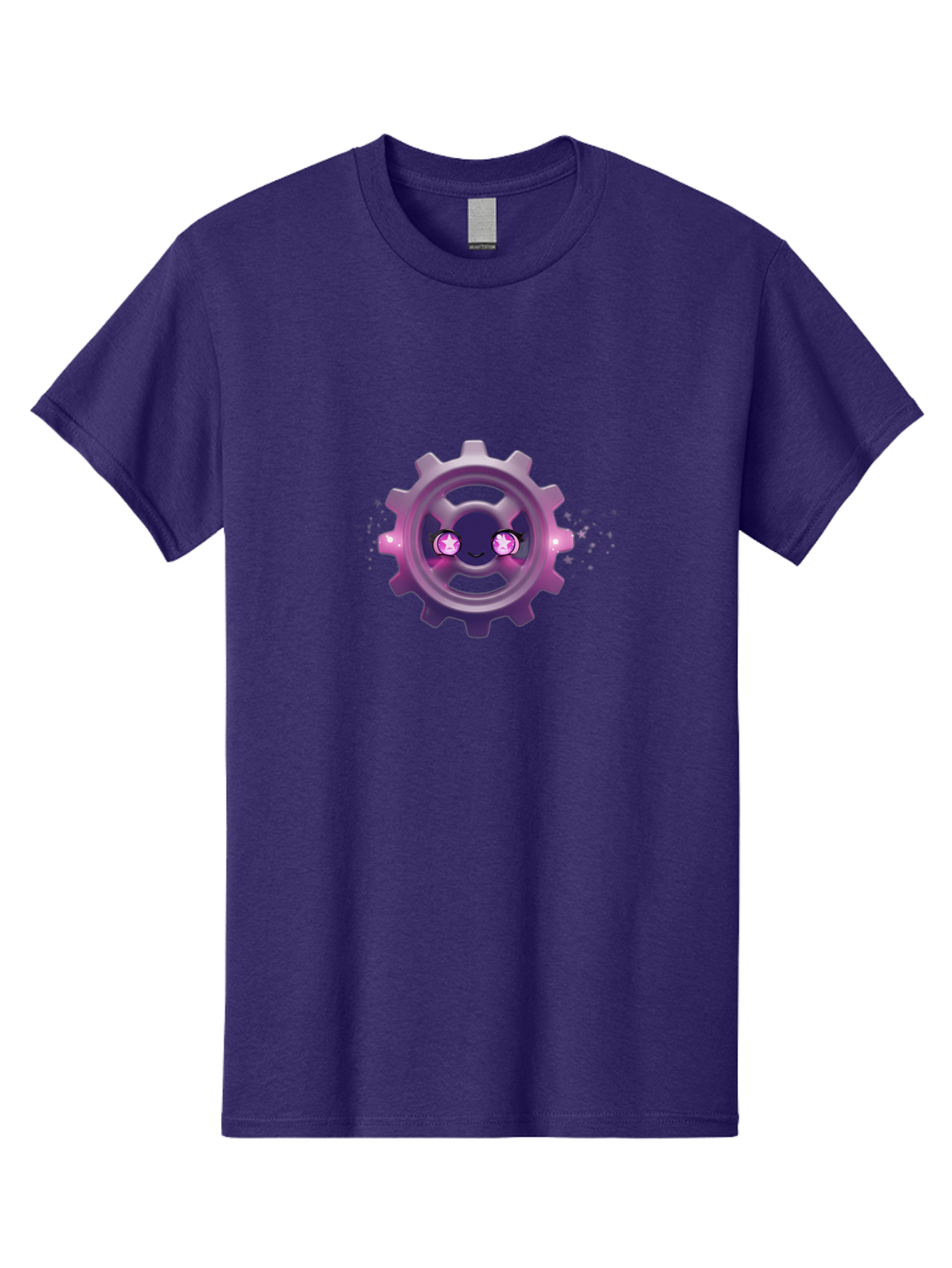 Smiling-Gear-1 Men'S Graphic Tee, 100% Cotton, Comfortable Casual Summer Wear, Machine Washable, Cartoon Gear, Smiling Face, Pink Eyes, Purple Hue, Mechanical Character, Robotic Smile, Whimsical Design, Fantastical Machinery, Bad639
